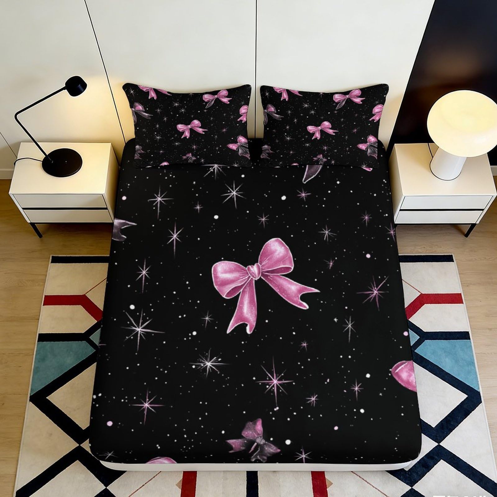 Jqzkxnhpbr Style-7 3D Printed Black Star Bow Fitted Sheet Microfiber Soft Breathable Pink Ribbon Bed Cover For Bedroom Dorm Mattress Decor 90X200x25cm