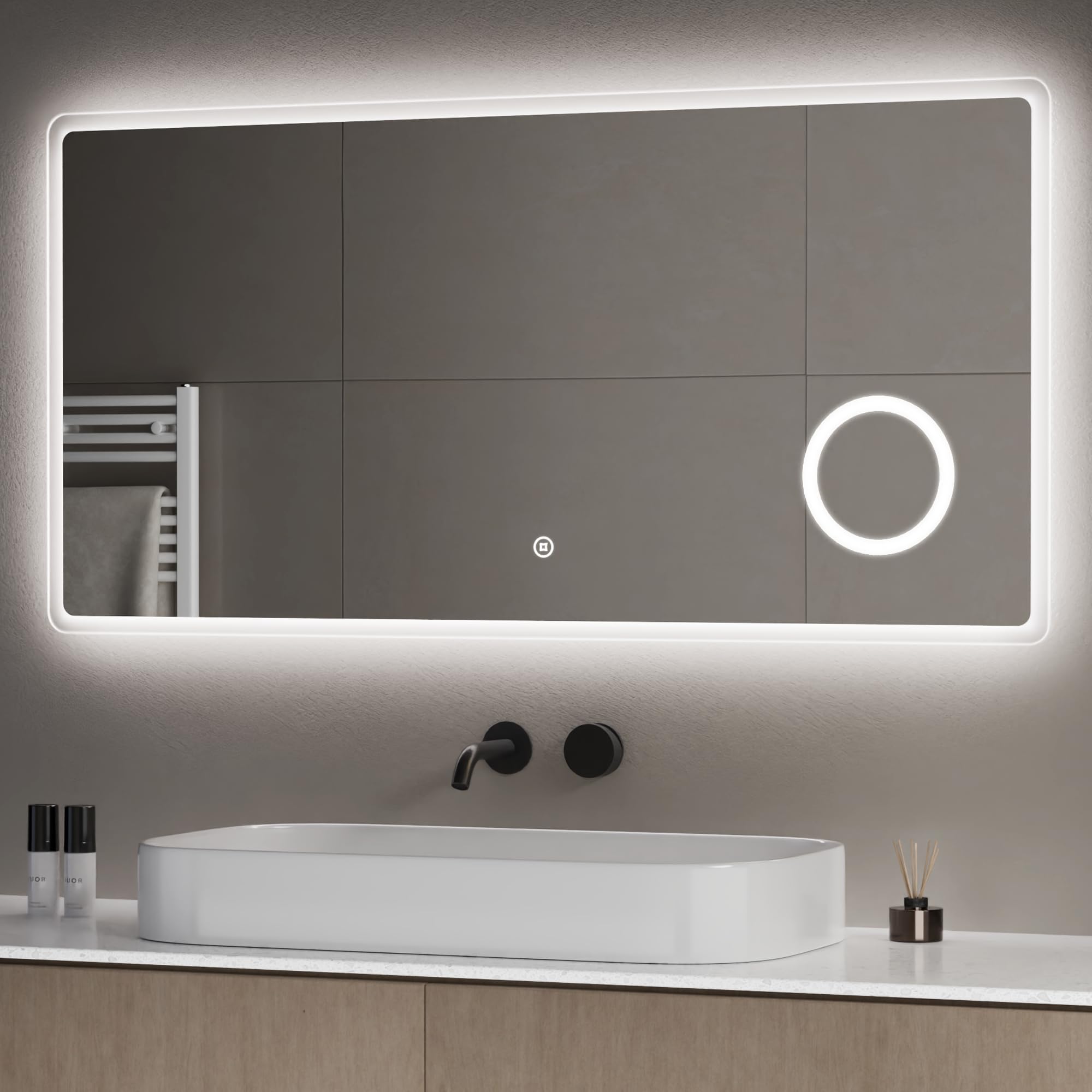 AQUALAVOS Badspiegel 120x60 Cm LED Wandspiegel Mit Beleuchtung Kaltweiss Dimmbar Badspiegel Aluminiumrahmen Schwarz Mat Schminkspiegel 3 Fach Vergroesserung Ip44 S06dy0d0