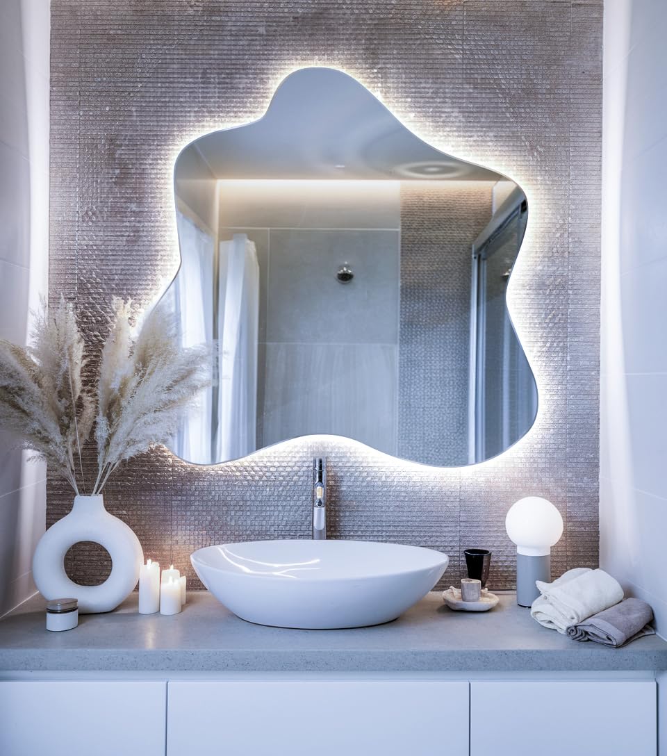 Grande Specchio Con Luci 77,3x76,6 cm Forma Irregolare Organico LED Illuminazione per Soggiorno Bagno Camera da Letto il Corridoio Bianco Freddo da Trucco Moderno Design Senza Cornice Asimmetrico