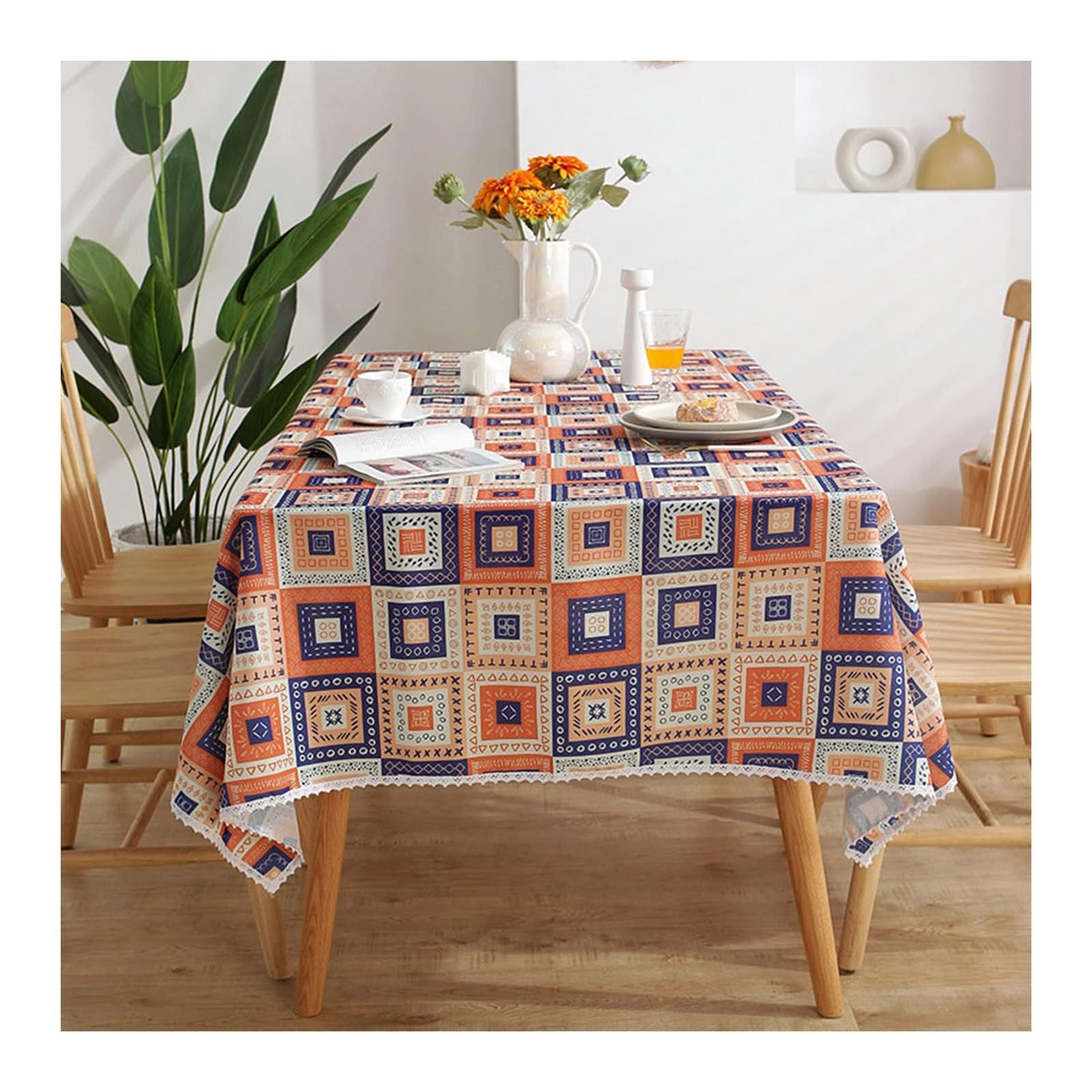 Tovaglia Tavolo Rettangolare Poliestere, Tovaglie Tavolo Lavabili Fantasia Reticolo con Bordo In Pizzo Copritavolo per Ristorante Arancione Viola, 100x160 CM