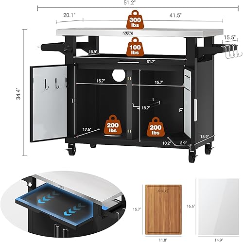 Miniatura 5 de NUUK Carrito de parrilla al aire libre con gabinete de almacenamiento, mesa de preparación de isla de cocina de metal con ruedas universales móviles