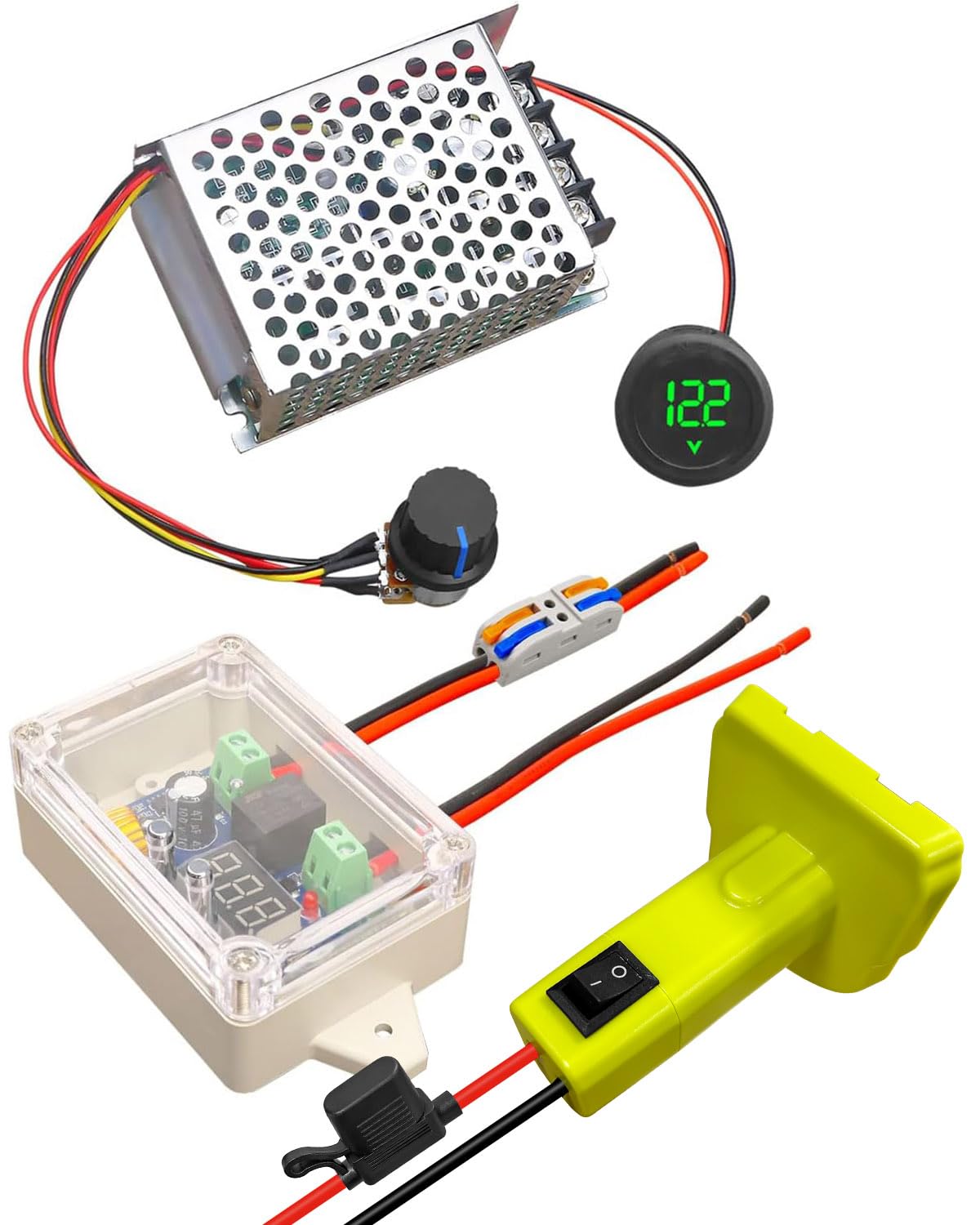 Power Wheels - Kit convertidor de batería compatible con batería de litio Ryobi de 18 V, kit convertidor de batería con protección de bajo voltaje CC y carcasa protectora, con pantalla de voltaje y