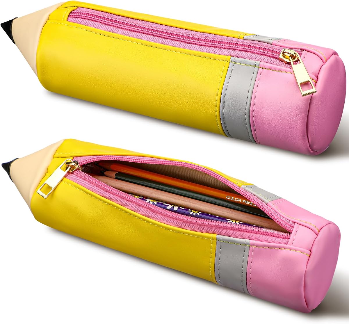Kisston 1 estuche con forma de lápiz, estuche de cuero para lápices para profesores, lindo portalápices dimensional 3D con cremallera, divertido estuche para bolígrafos de gran capacidad para regalos de maestros (clásico)