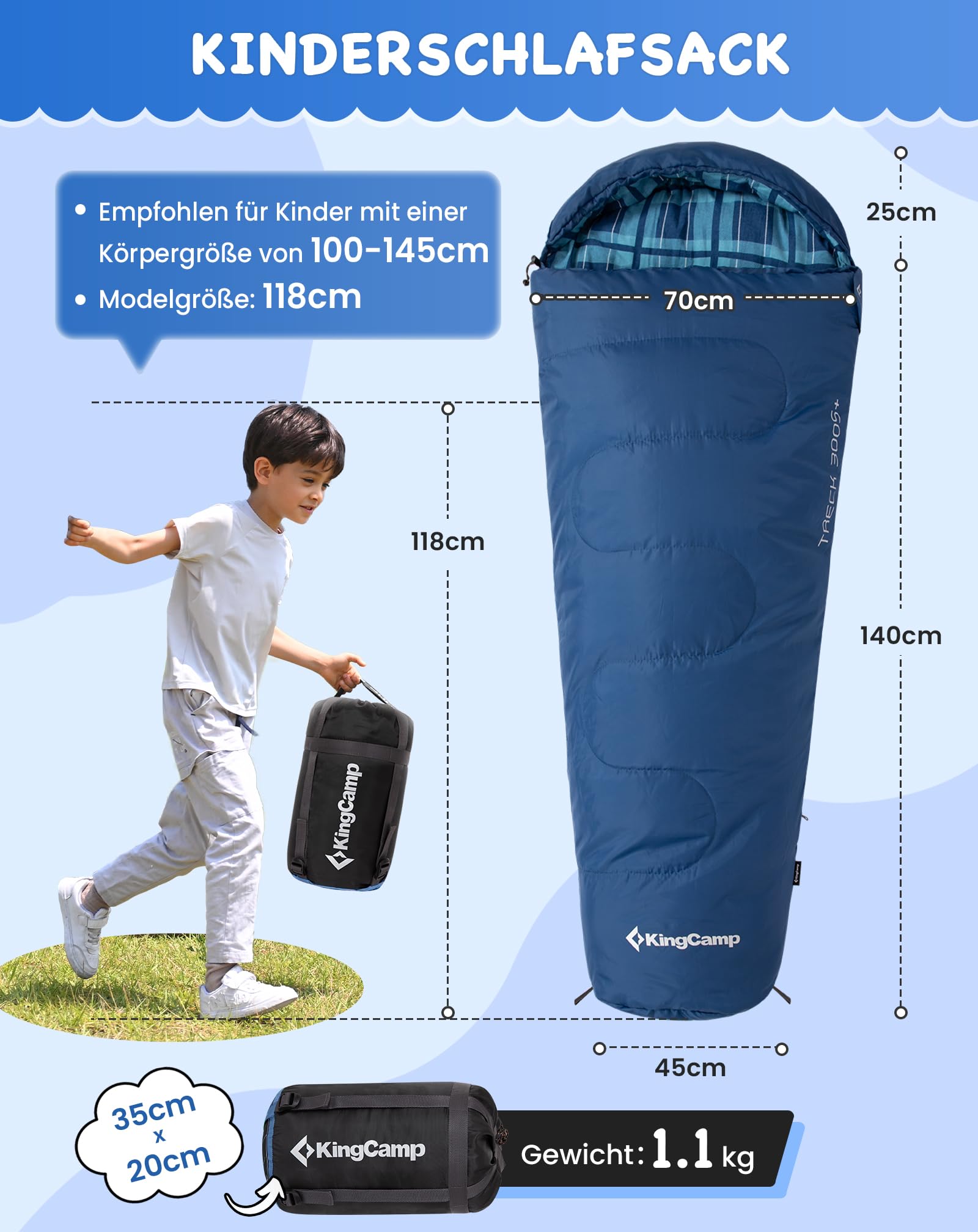 KingCamp Schlafsack Kinder aus Baumwoll-Flannel, warm und Bequeme Kinderschlafsack für 6-10 Jahre (bis 100-145 cm), Camping-Artikel für Reisen und Outdoor-Aktivitäten im Winter