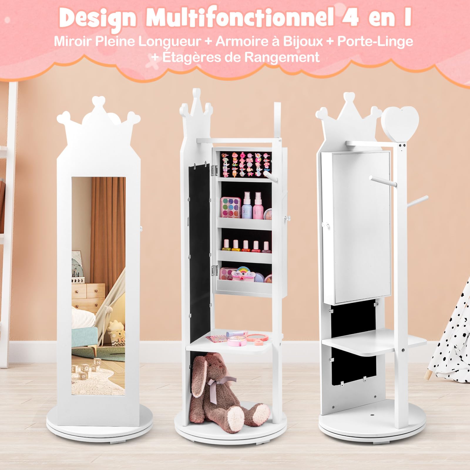 COSTWAY Armoire à Bijoux Enfant avec Miroir & Base Pivotante, Organisateur à Bijoux en Motif Couronne avec 2 Crochets & Étagère, Dispositif Anti-basculement pour Enfant de 3 Ans+ (Blanc)