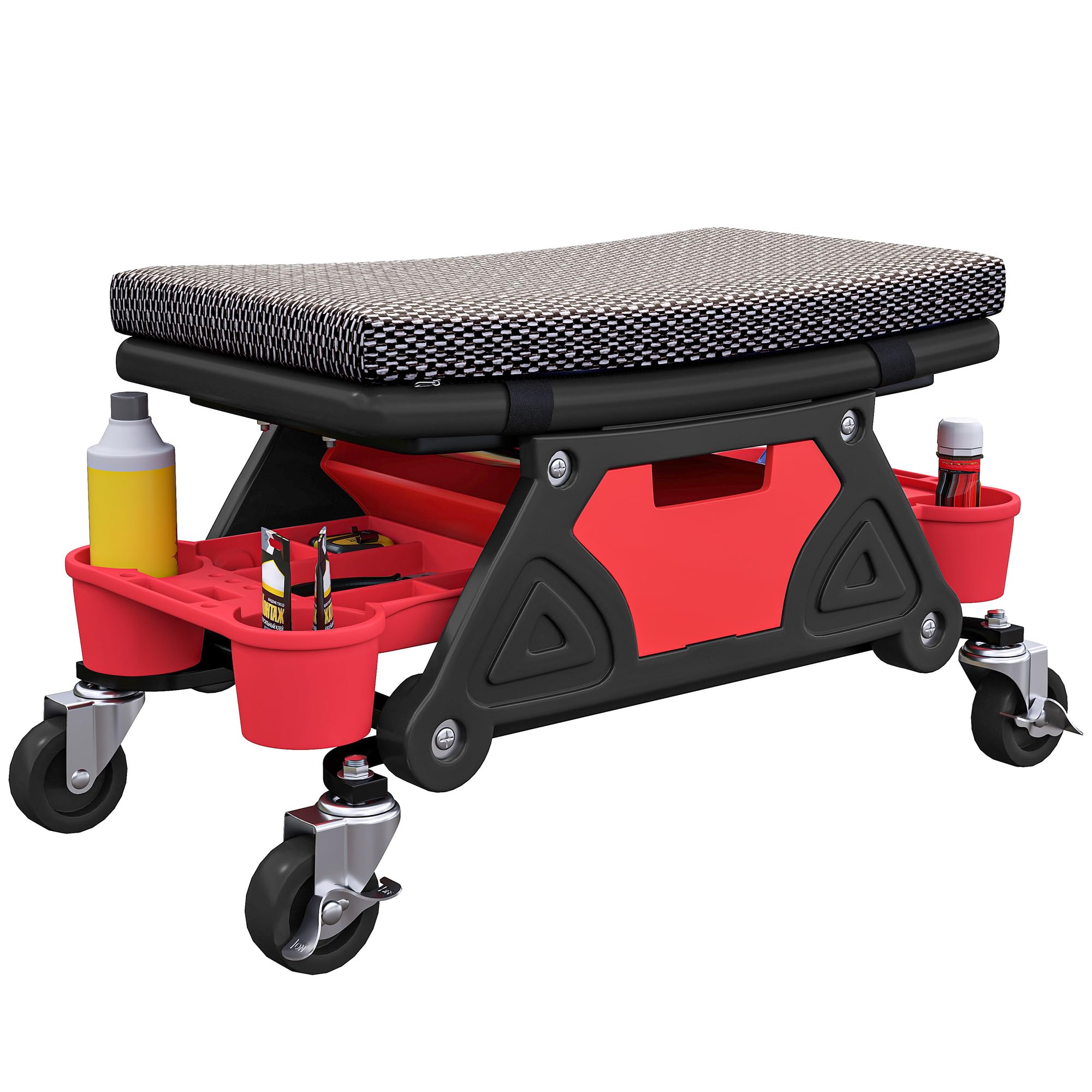HOMCOM Sgabello mobile per officina, carico massimo 135 kg, sgabello da meccanico con rotelle, girevole a 360° con vassoi portautensili scorrevoli e cassetto, sedile girevole per officina di