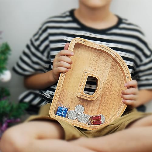 Miniatura 185 de Alcancía para niños y niñas, alcancía grande de madera personalizada con diseño recortado, bancos de monedas con letras del alfabeto, caja de ahorro