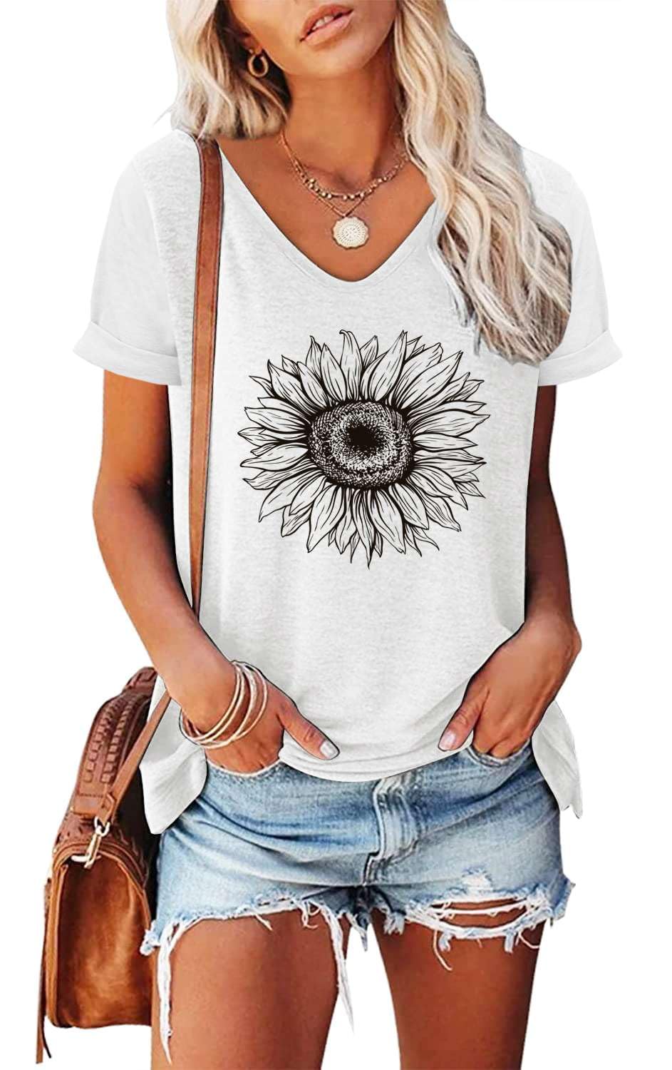 NAIOSS Damen Langarmshirt Bedruck Oberteile Herbst Tshirt V-Ausschnitt Shirts Baumwolle Casual Tops