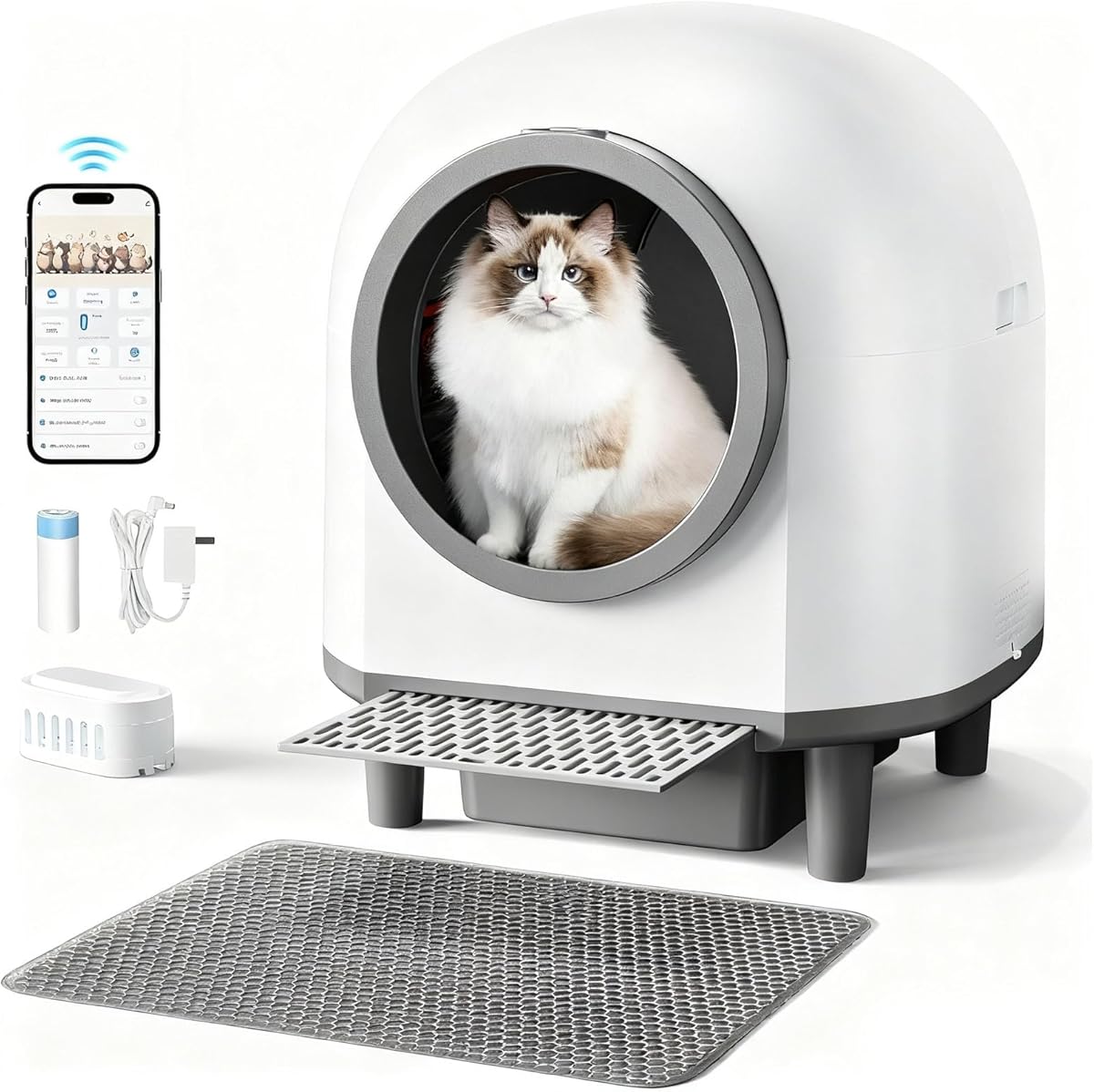 Self Cleaing Litter Box for Multiple Cats, 88L Large Smart Automatic Cat Litter Box with App Control, Health Monitoring, Integrated Safety Sensors, Odor Removal, Mat, Liners (White)