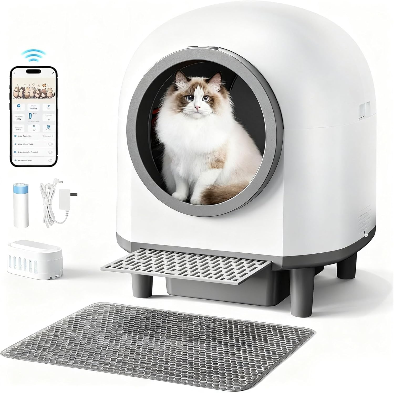 Self Cleaing Litter Box for Multiple Cats, 88L Large Smart Automatic Cat Litter Box with App Control, Health Monitoring, Integrated Safety Sensors, Odor Removal, Mat, Liners (White)