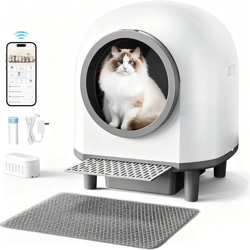 Self Cleaing Litter Box for Multiple Cats, 88L Large Smart Automatic Cat Litter Box with App Control, Health Monitoring, Integrated Safety Sensors, Odor Removal, Mat, Liners
