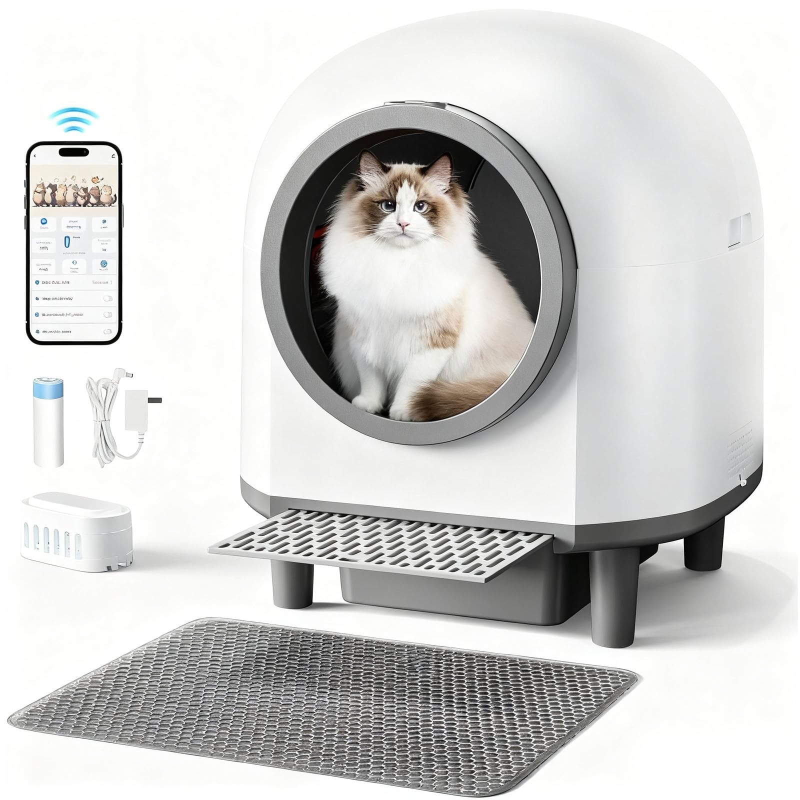 Self Cleaing Litter Box for Multiple Cats, 88L Large Smart Automatic Cat Litter Box with App Control, Health Monitoring, Integrated Safety Sensors, Odor Removal, Mat, Liners (White)