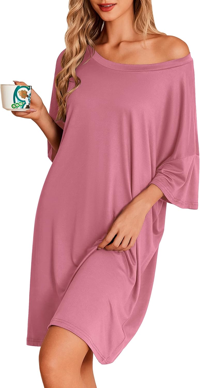 Ekouaer Plus Size Nightgowns for Women Bamboo Viscose Sleepshirts Short Sleeve Nightshirt Oversized Sleepwear Sleepdress