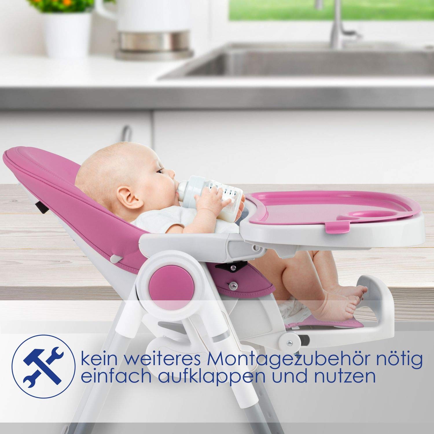KIDIZ® 3 in 1 Seggiolone Seggiolone per bambini con barra dei giochi, Lettino per bambini, Seggiolone combinato Seggiolone per bambini, Schienale regolabile in 7 diverse altezze, Rosa