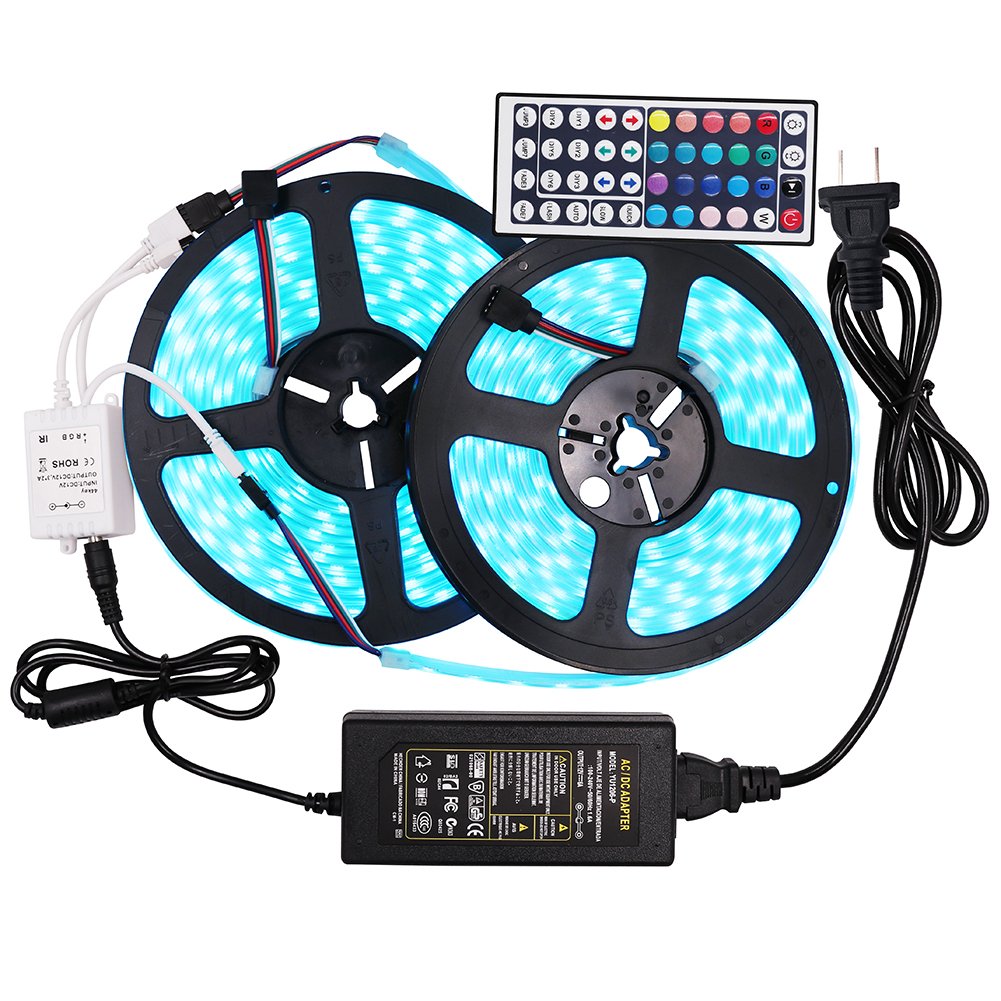 XUNATA 33ft /10m DC 12V Flexible 5050 600 Units RGB LED Strip Light with 44key LED Controller and 12V 5A Power Adapter for Home Improvement(Non-Waterproof)