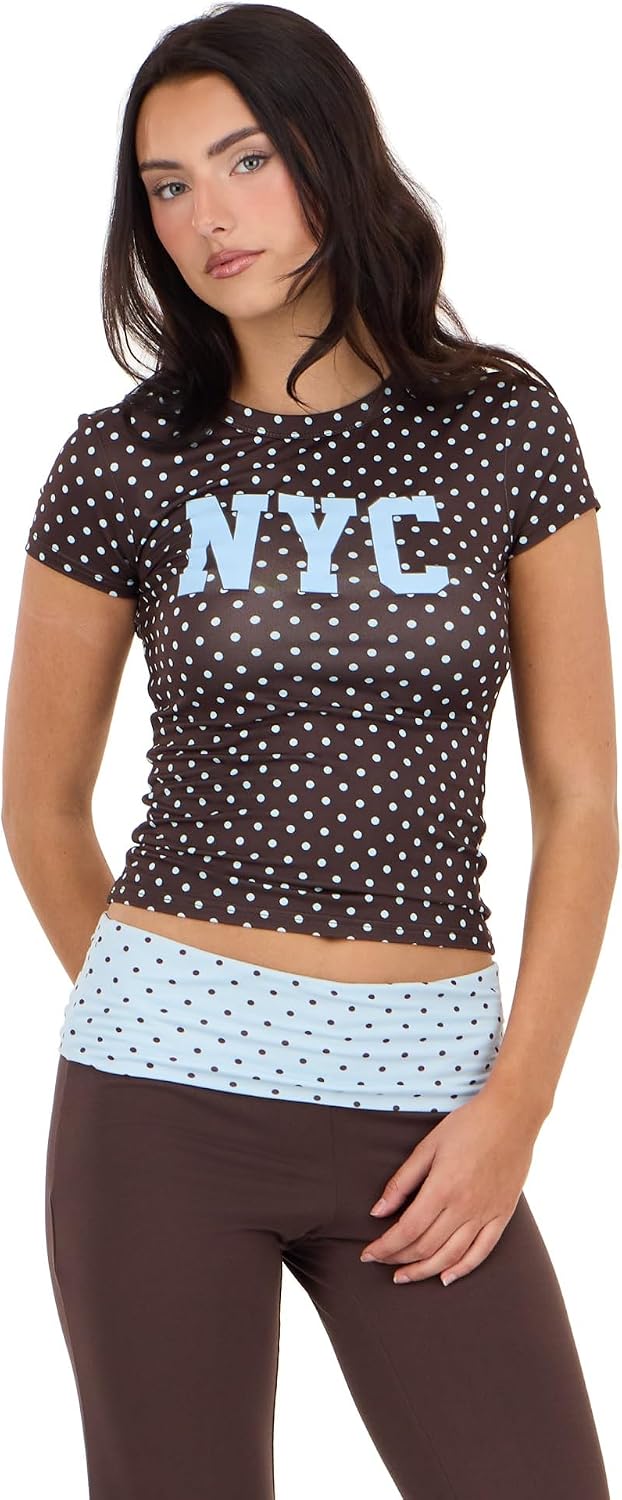 Forever 21 Women's Brown Y2K Baby Tee, NYC Graphic