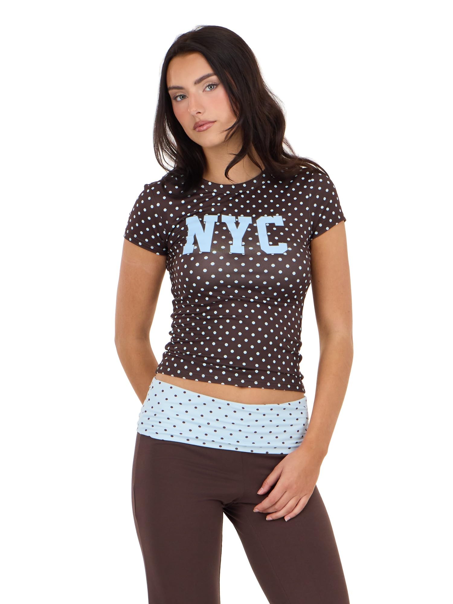 Forever 21 Women's Brown Y2K Baby Tee, NYC Graphic All-Over Print