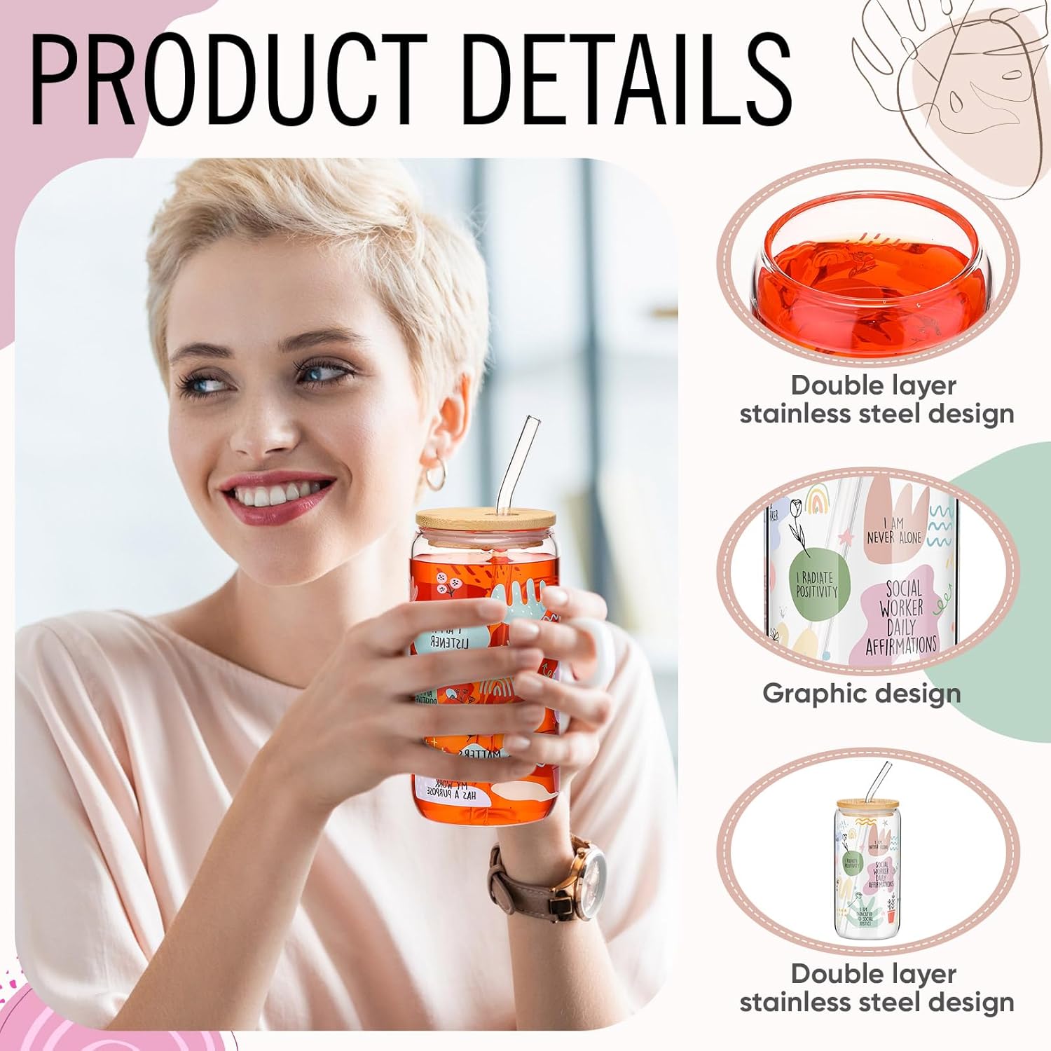 4 Pcs Social Worker Gifts for Women Include 16 oz Glass Tumbler Mug with Straw Brush A5 Leather Notebook Makeup Bag and Ballpoint Pen Social Work Gifts for BSW MSW(Floral Style) - Image 3