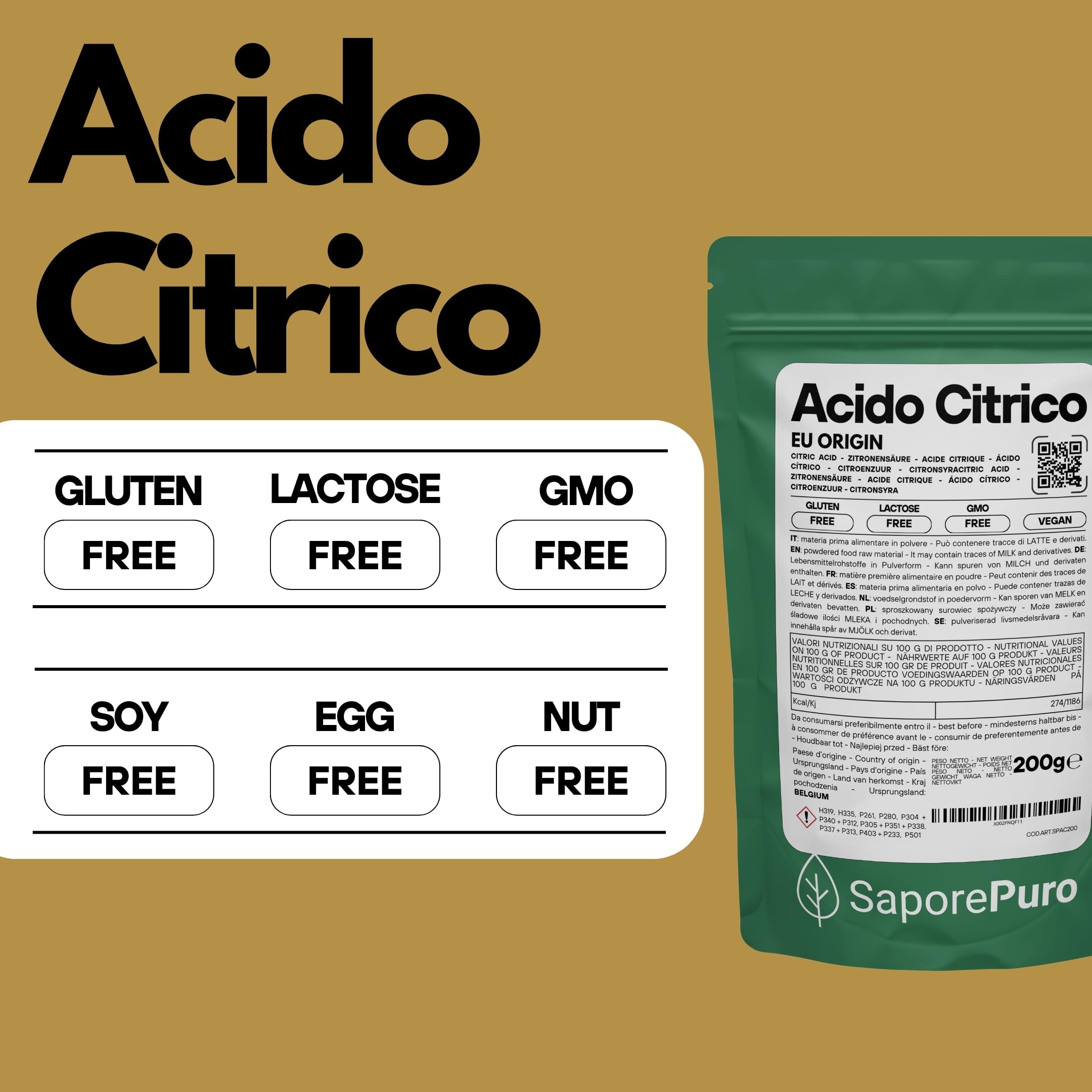 SaporePuro – Ácido Cítrico Monohidratado 200 g | Regulador de pH y Acidulante Alimentario | Sin Gluten | Puro y Soluble | Ideal para Mermeladas y Bebidas