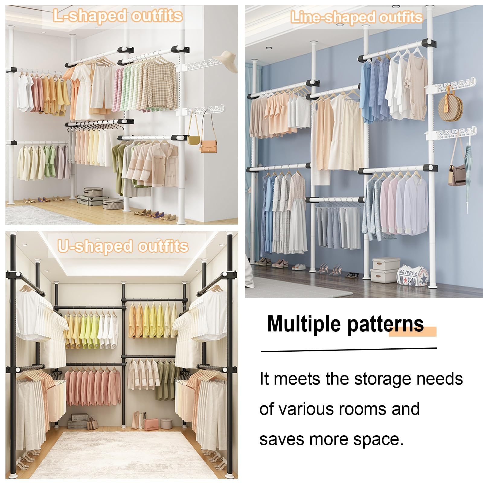 Metall Kleiderschrank, Kleiderständer Doppelt, Kleiderstangen Wandsystem ohne Bohren, verstellbar und erweiterbar, aus Kohlenstoffstahl, für Schlafzimmer, Wohnzimmer(Silver,3 vertical 4 horizontal)