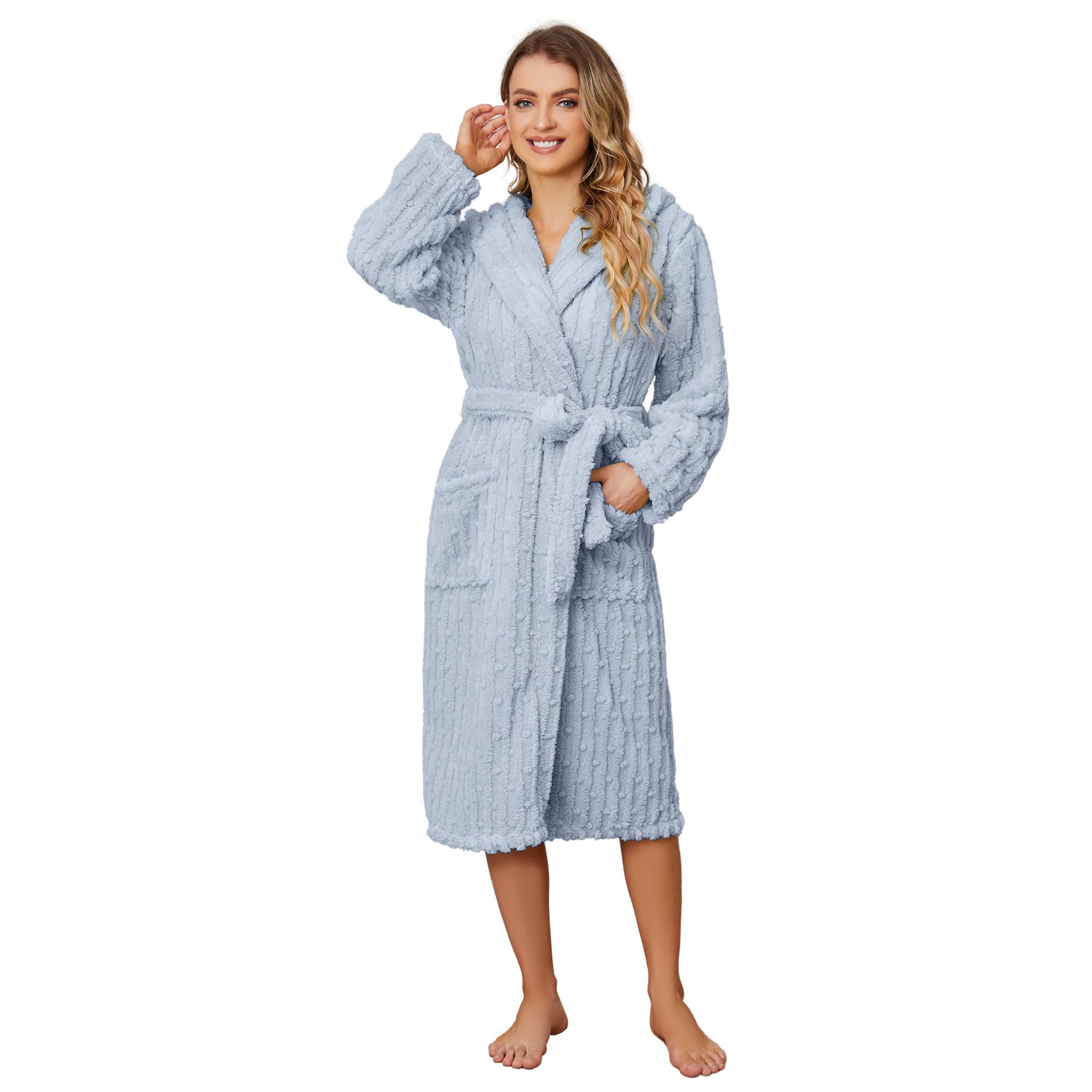 HEARTNICE Fuzzy Soft Robes for Women, Long Plush Hooded Robe Fluffy Warm Bathrobes