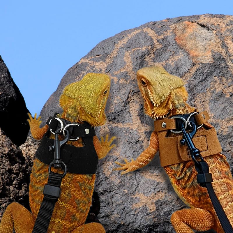Image of Bearded Dragon Leash - 3 Sizes Pack Reptile Outing Adjustable Soft Leather Lizard Harness with Retractable Leash Small Animal Traction Rope Walking Vest Accessories for Bearded Dragon Leash(Camel)