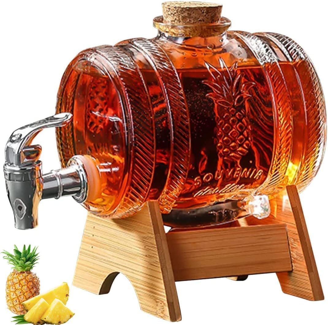 PACUM Glass Beverage Barrel Dispenser, 1L Whiskey Barrel