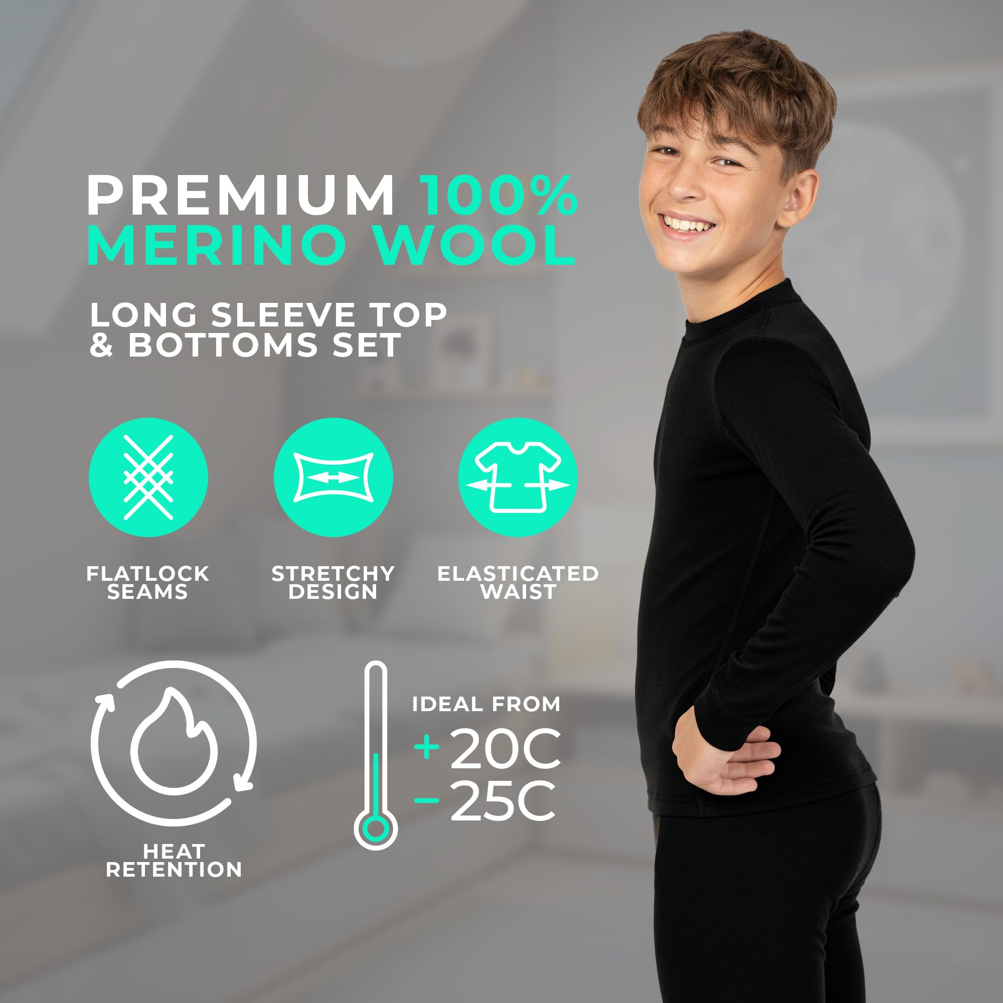 menique Legging à manches longues 100 % laine mérinos – Ensemble de couche de base thermique respirante pour filles et garçons, pour le sport, le ski, l'extérieur, le sommeil