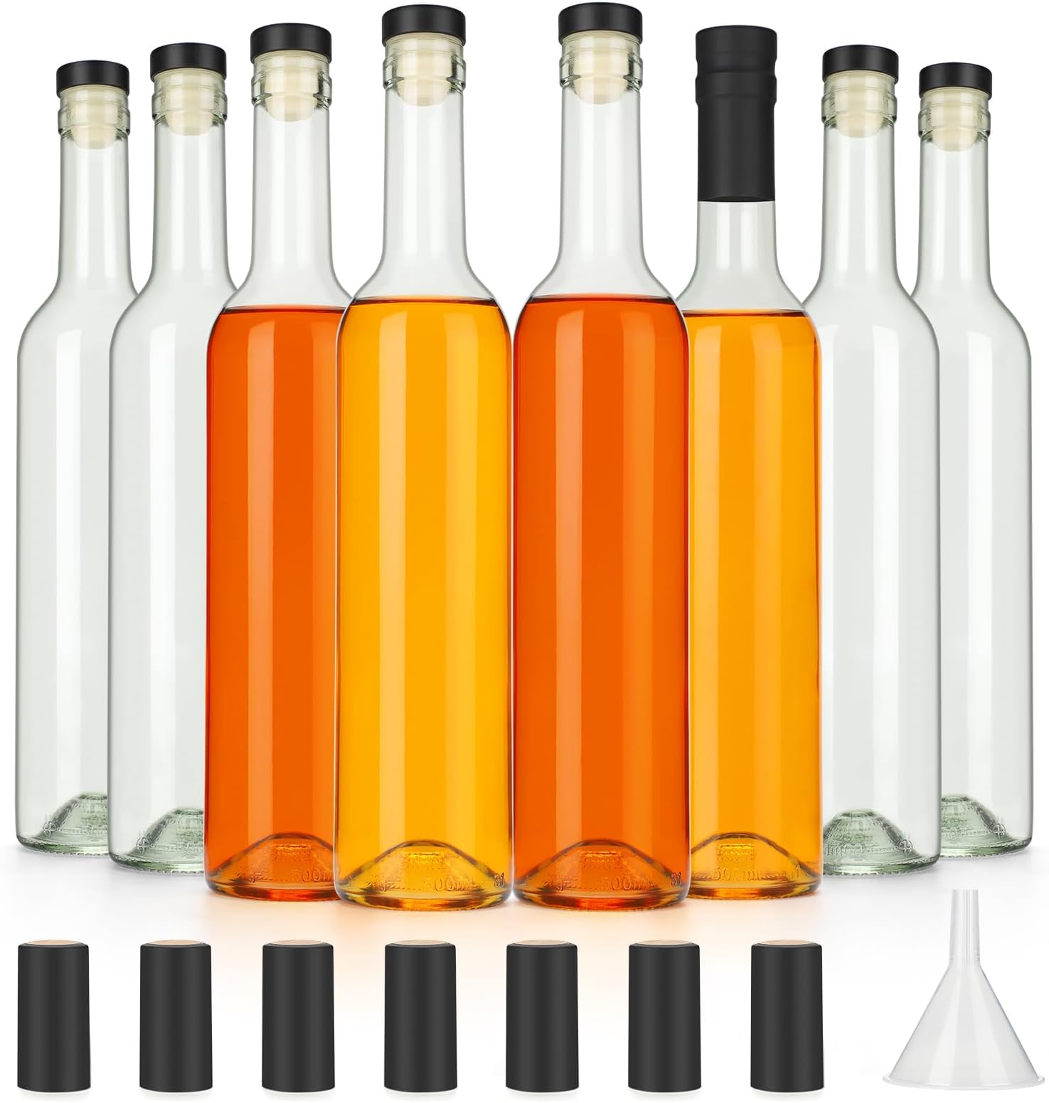 HINGWAH 16oz Clear Glass Wine Bottles with Cork Lids and PVC Shrink Capsules, 500ml Capacity, Ideal for Wines, Liquor, Juices, Homemade Lemoncello, Olive Oil, Sauces, Oils, Decorative Items (8 Pack)