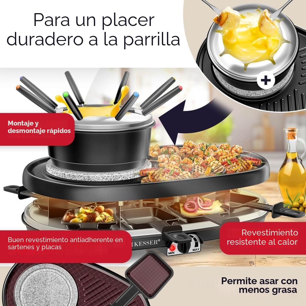 KESSER® 3 en 1 Raclette grill con piedra natural antiadherente, placa de parrilla y fondue, parrilla eléctrica de mesa para 8 personas.