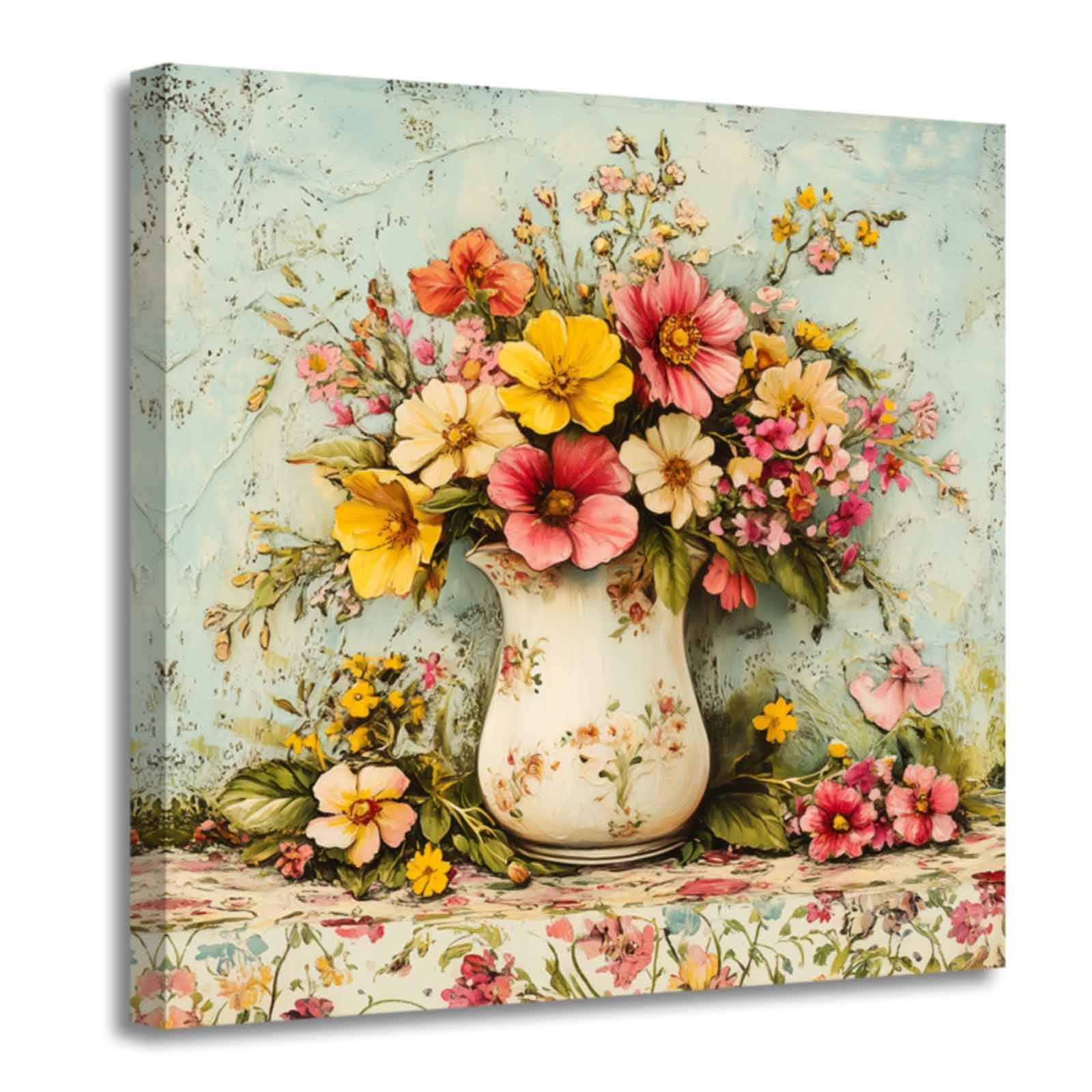 Vintage Floral Canvas Wall Art – Colorful Daisy In Vase Poster, 15.75 X 11.81 Inch
