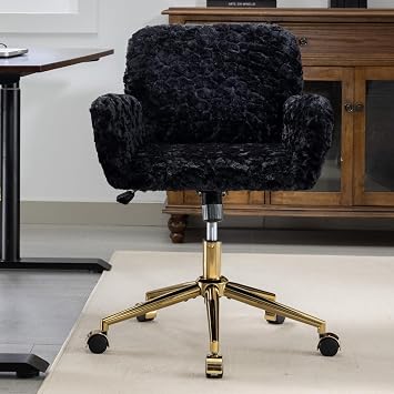 LKTART Faux Fur Home Office Desk Chair for Women Girl, Modern Accent Chair with Rolling Wheels, Upholstered Vanity Makeup Chairs Height Adjustable Armrest for Living Room Bedroom Office Black