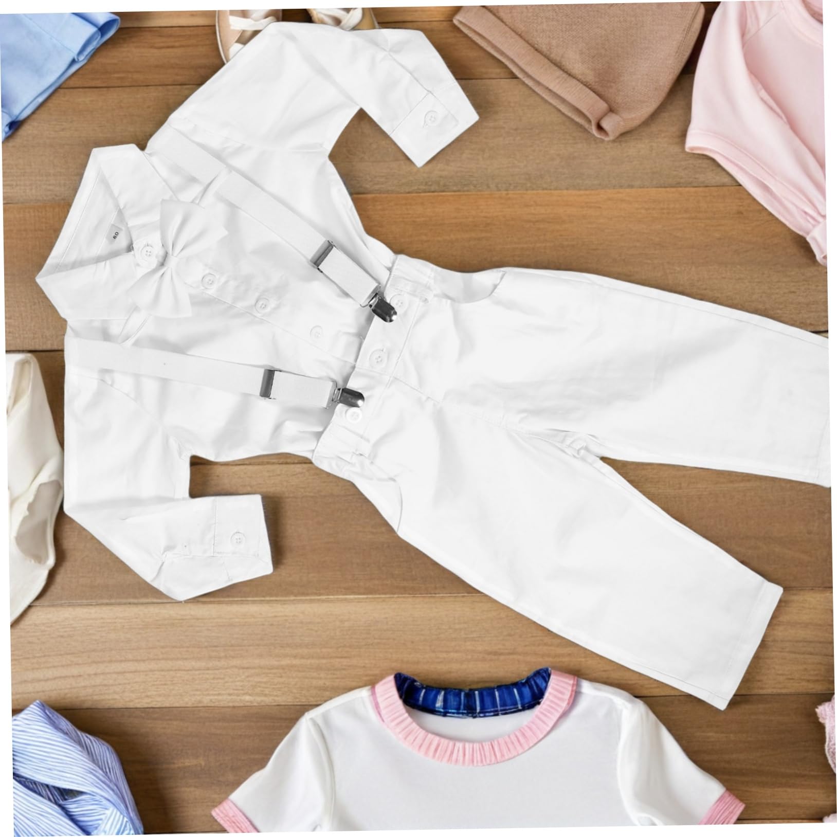 Elegante Vestido de Caballero para de Manga Larga Pantalones con Tirantes y Pajarita para Bautizos y Bodas