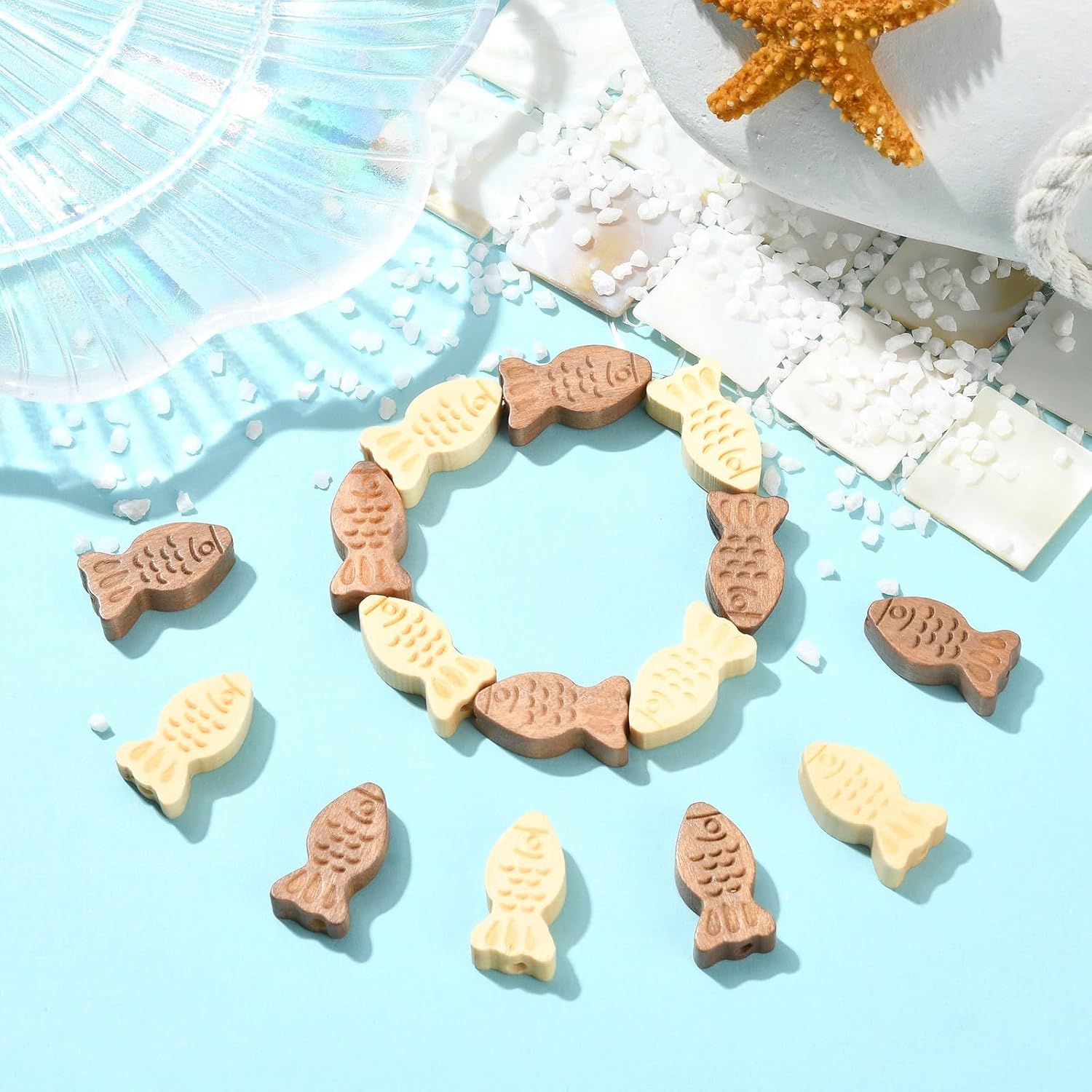 KitBeads 40Pcs 2 Colors Fish Shaped Dyed Wooden Beads Ocean Sea Animal Spacer Beads for DIY Craft Jewelry Making Bracelets Earring Keychains Pens Crafts
