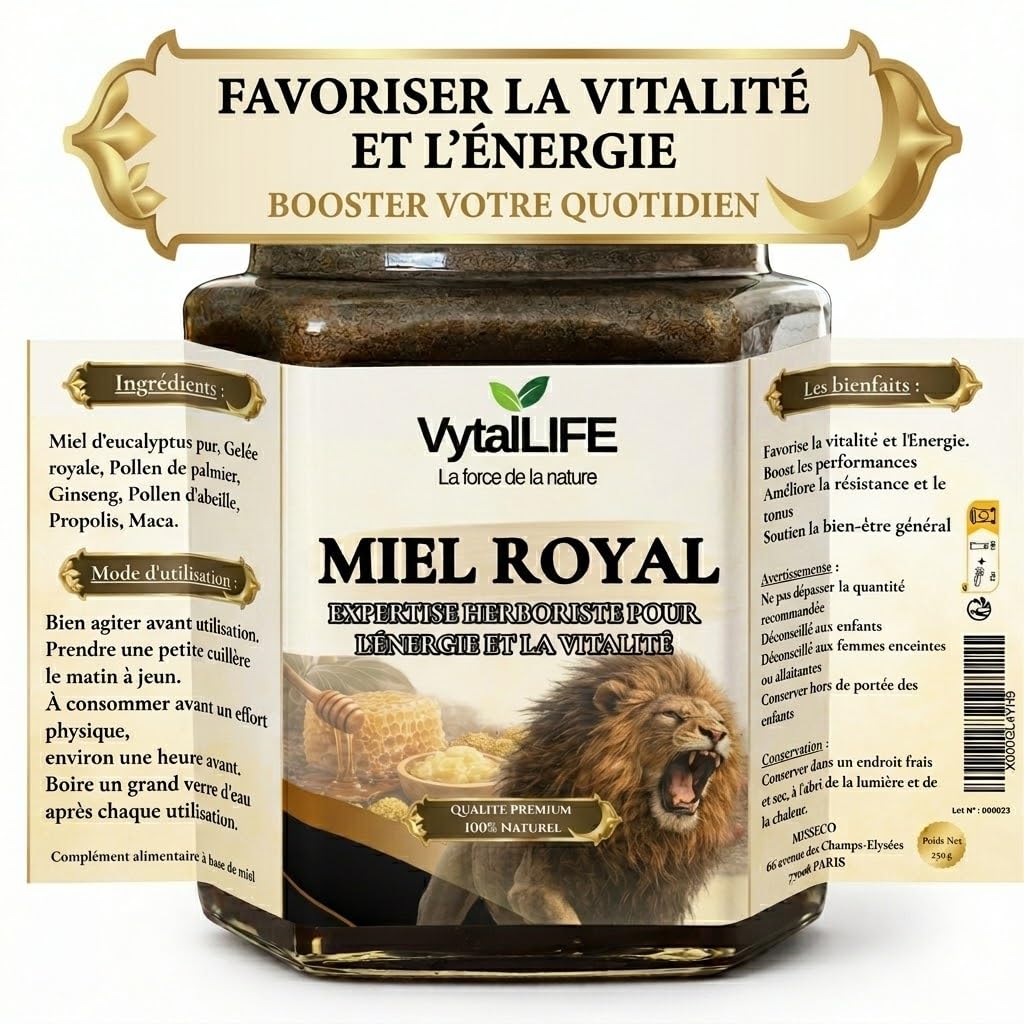 VytalLIFE Miel à la Gelée Royale, Ginseng & Maca - Miel Aphrodisiaque d'Eucalyptus 100% Pur 250g - Enrichi en Propolis, Pollen d'Abeille - Énergie & Vitalité - Booster Testosterone Homme Naturel