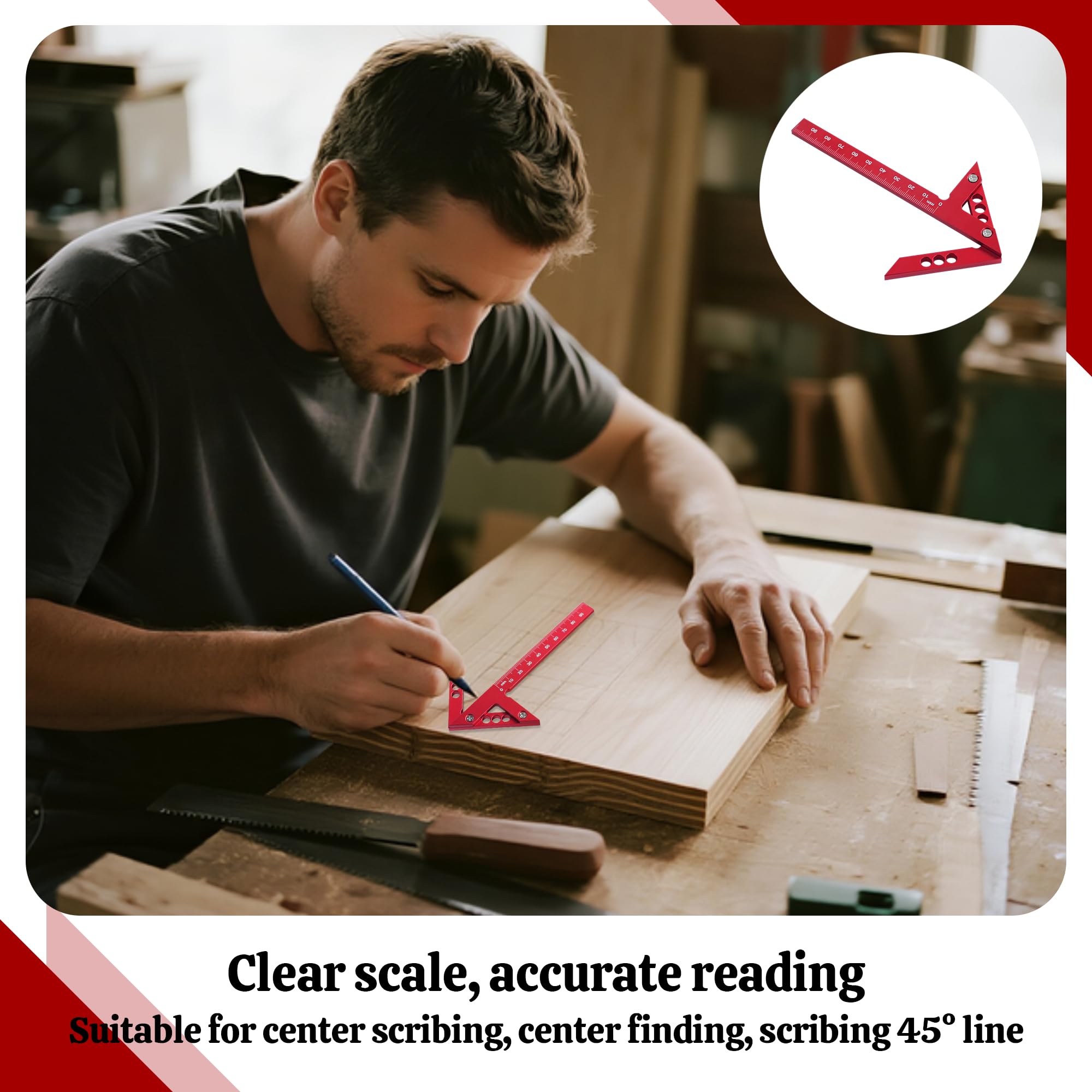 1Pc Center Scribe Gauge Aluminum Alloy Center Line Scriber 45 Degree Angle Scribing Gauge Woodworking Marking Tool High Precision Circle Center Finder Red Woodwork Measuring Tool Center Finder - Image 4