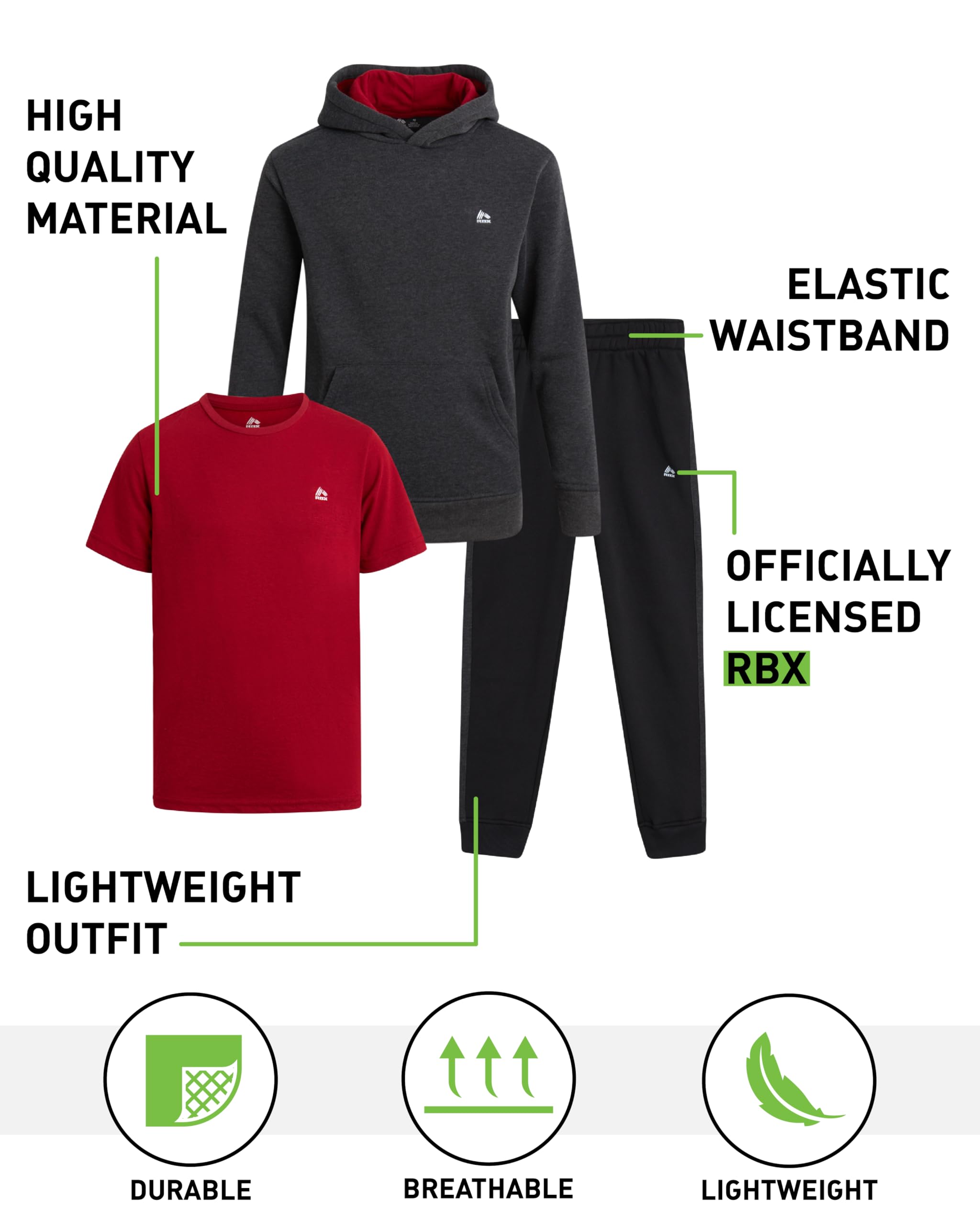 RBX Ensemble de survêtement 3 pièces en polaire pour garçon - Pantalon de jogging à capuche et t-shirt pour garçons - Tenue athlétique (tailles 2T à 12)