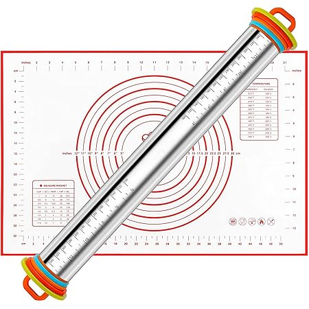 Rolling Pin Baking Mat Set: Adjustable 304 Stainless Steel Christmas Rolling Pins with 4 Independent-Removing Thickness Silicone Rings and Non-Stick Pastry Mat, for Baking, Fondant, Cookies
