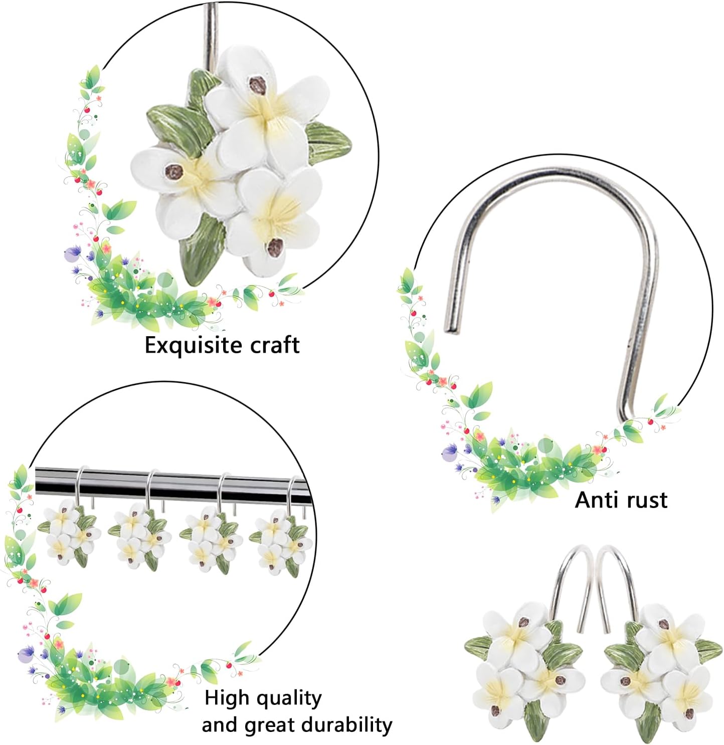 Decorative Shower Curtain Hooks 12pcs White Plumeria Flowers Resin Curtain Hooks Shower Curtain Rings for Living Room Bedroom Bathroom Decor image 3