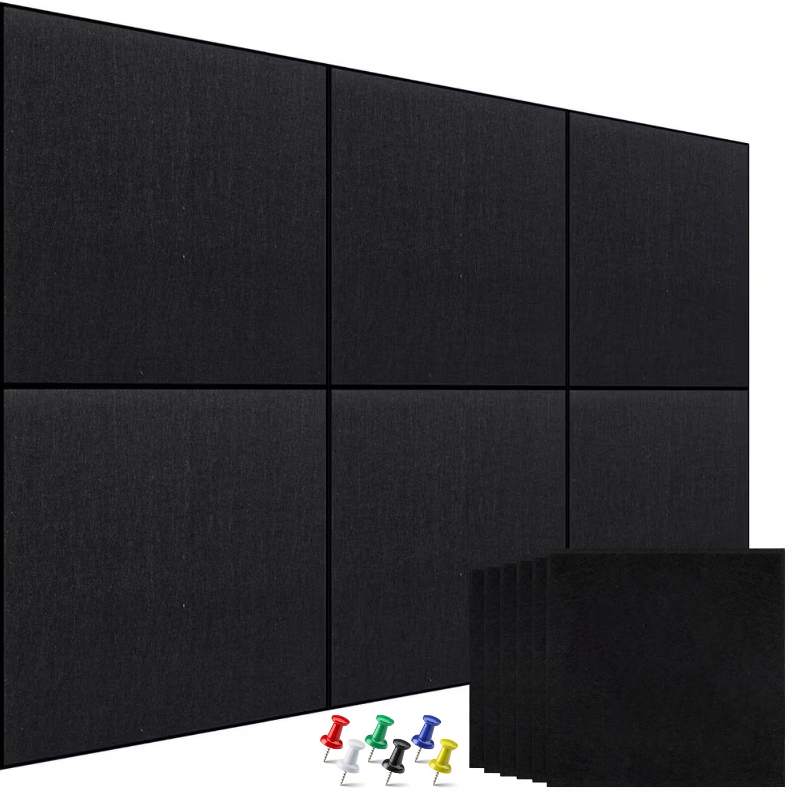 Large Cork Bulletin Board for Wall 36" x 24", 6 Pack Black Felt Pin Board with 30 Pushpins and 36 Safe Removable Adhesive Tabs, Felt Wall Tiles for