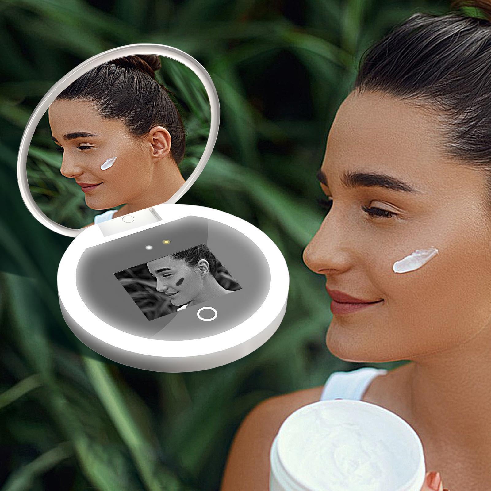 Specchio per test della protezione solare – 9,7 x 9,7 x 1,8 cm, visore intelligente per immagini UV, lente d'ingrandimento laterale portatile, accessorio di bellezza a LED ricaricabile | Valutazione
