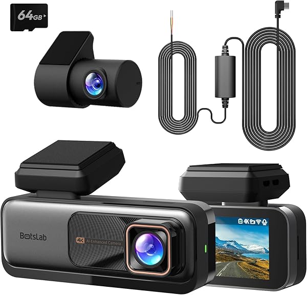 BOTSLAB Dashcam Auto Vorne Hinten 4K+2K mit GPS WiFi und Hardwire-Kit, Dash Cam Auto Kamera mit ADAS, Kostenlose 64-GB-Karte, 24/7 Parküberwachung, 2,45\
