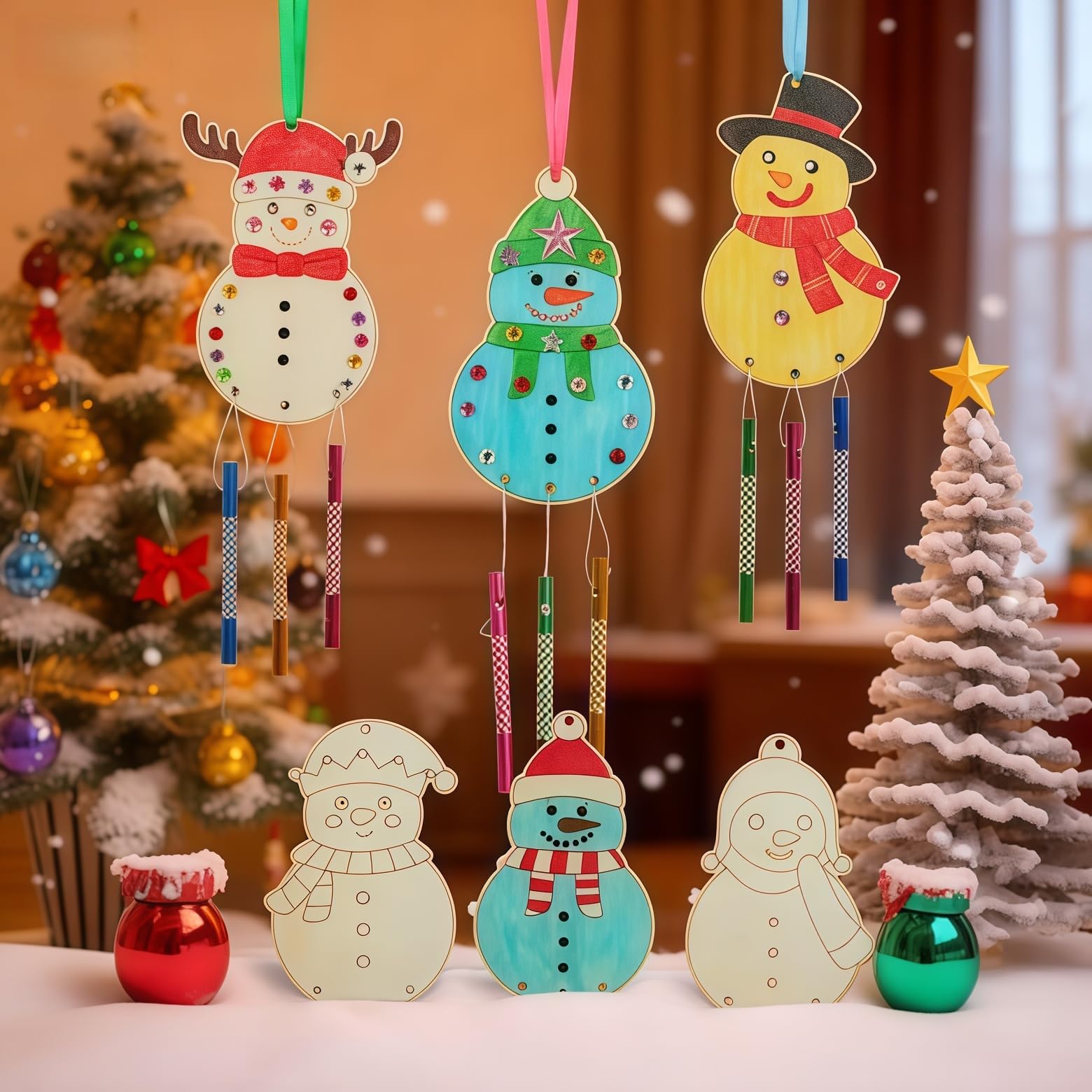 Cyhhsy 6 Pack Christmas Wind Chime Kit for Kids,DIY Color Your Own Wooden Wind Chime Santa Claus Snowman,Christmas Party Decorative Hanging Wind Chime - Image 3