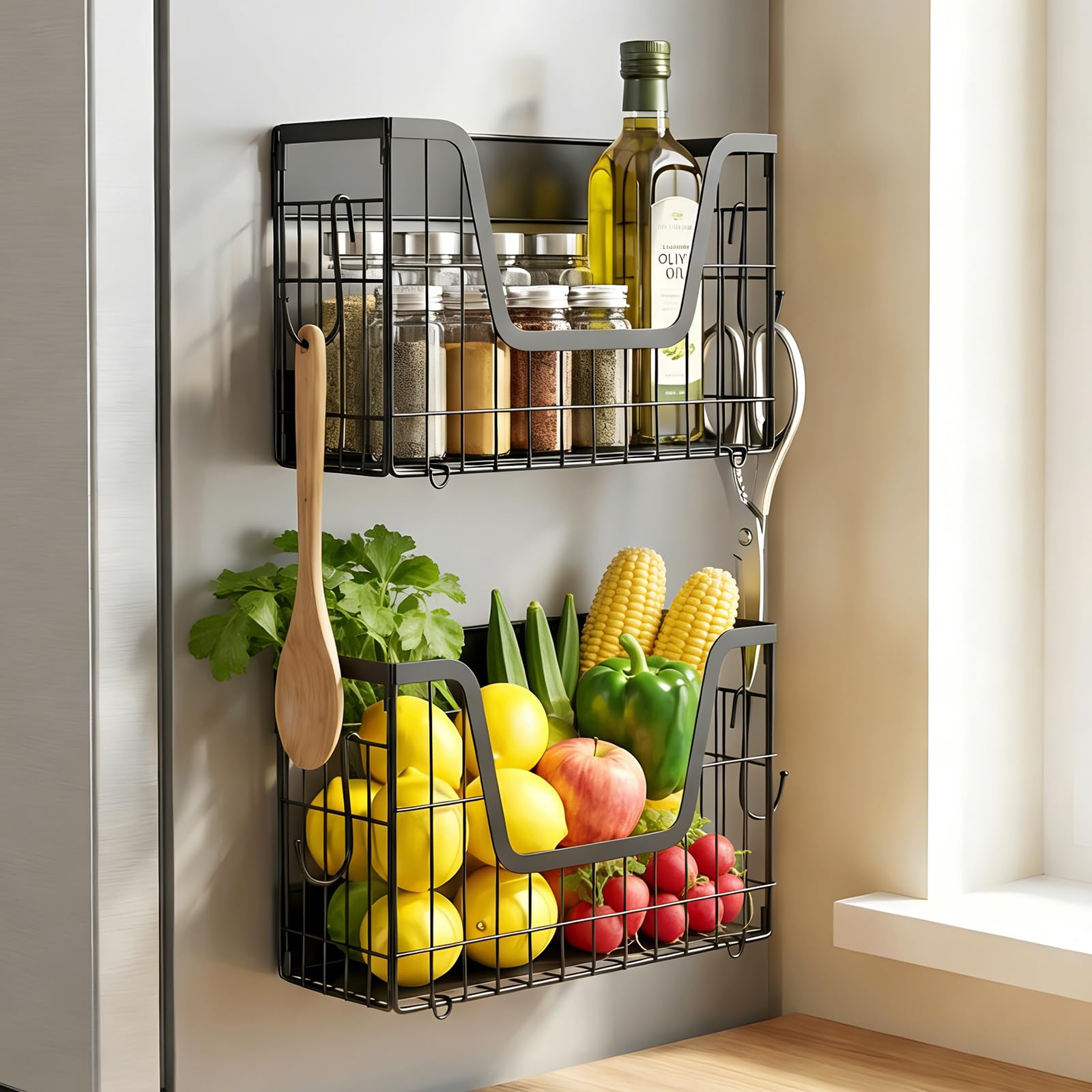 Scaffali Magnetici per Frigorifero, 2 Pezzi Cestini per Frutta Magnetici Scaffale Magnetico per Frigorifero Scaffale da Cucina senza Trapano Scaffale per Spezie Magnetico