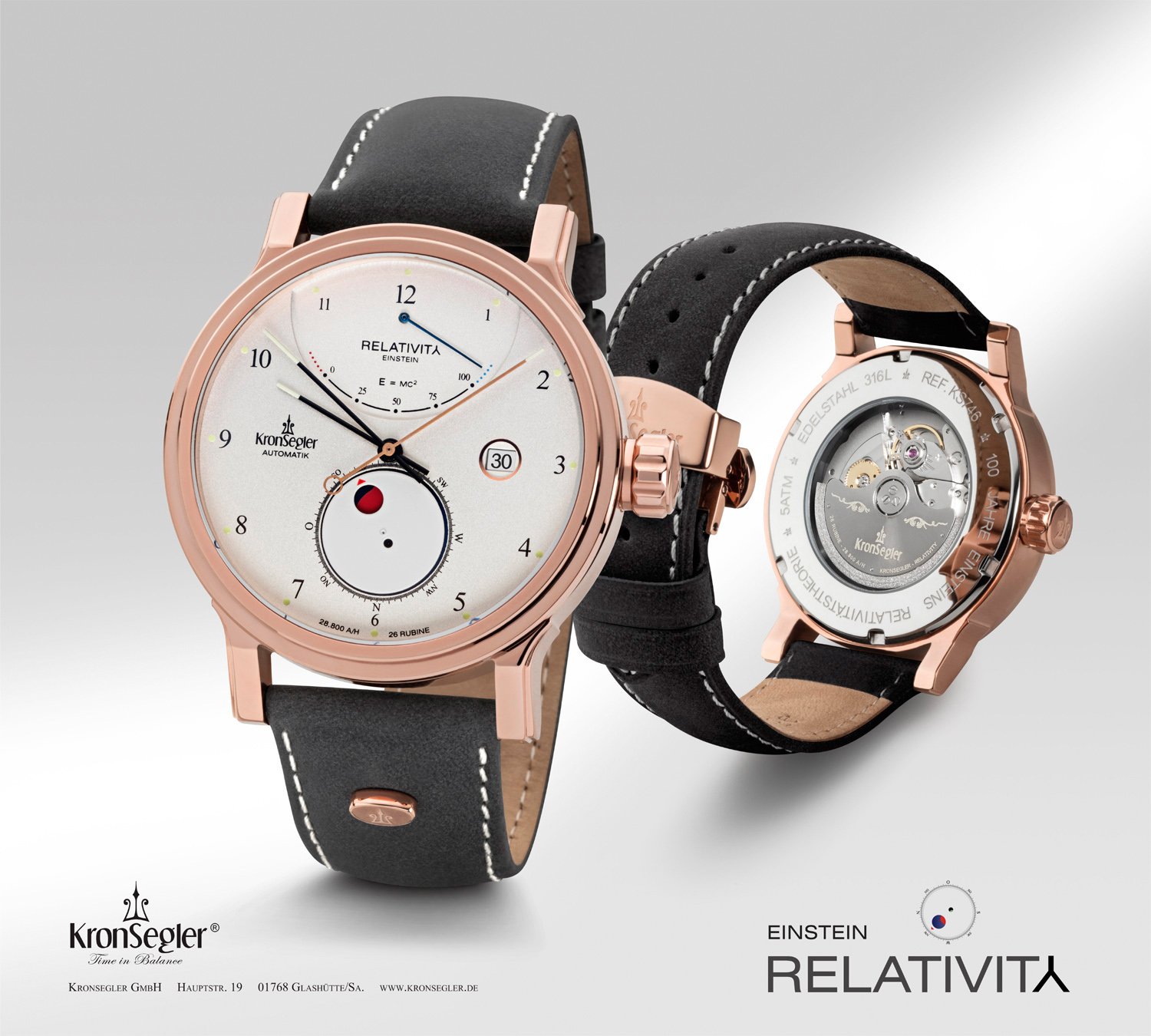 Kronsegler Einstein - Relativity Rosé Weiß - Herrenuhr Automatik | Automatikuhr 43mm mit Saphirglas | Gangreserveanzeige, Lederband