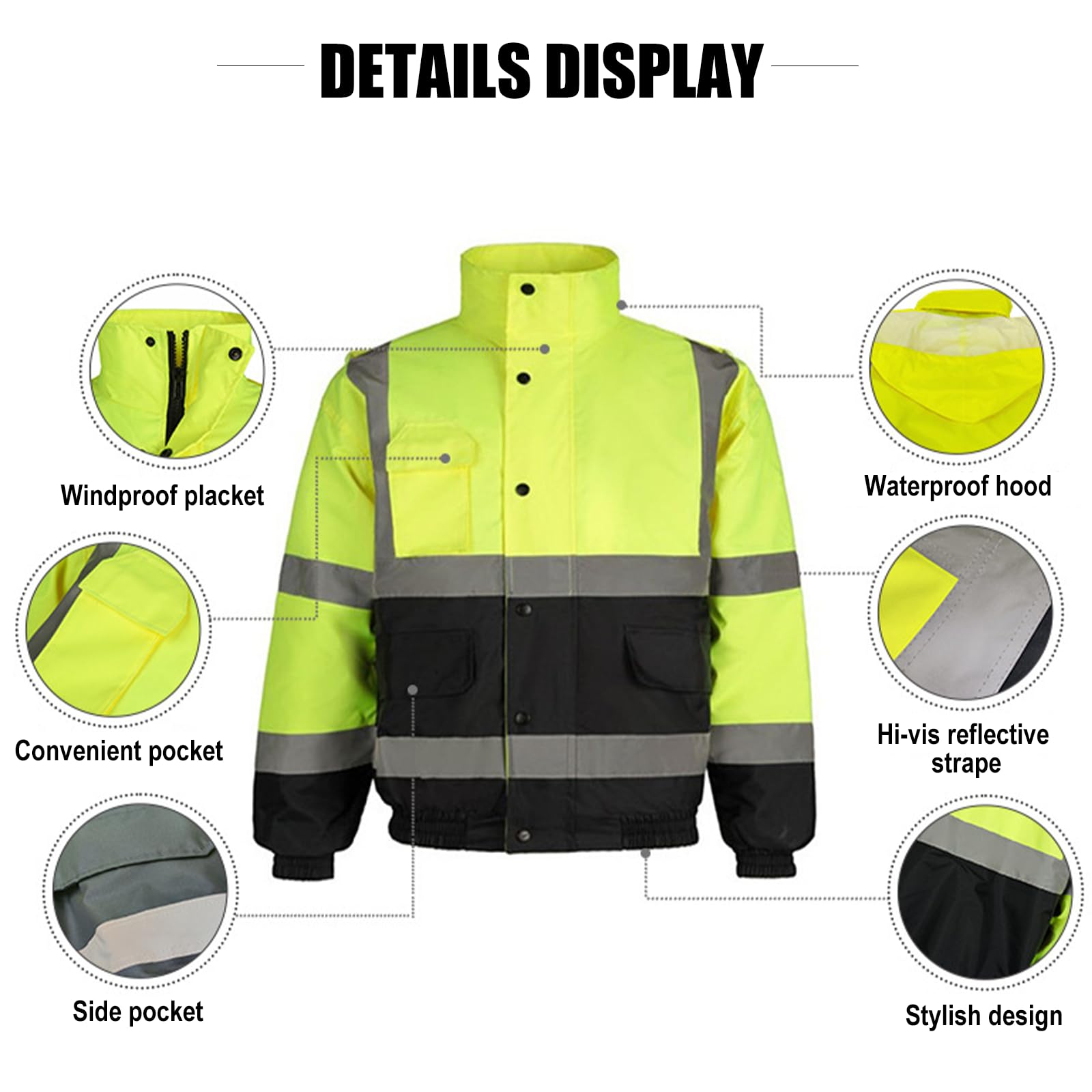 Personalisierbare Warnschutz-Bomberjacke, individuelles Logo, Sicherheitsmantel, wasserdicht, Arbeitskleidung für Herren, mit Kapuze