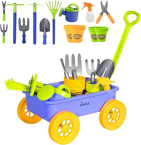 Miniatura 10 de Dimple Garden Wagon & Tools - Juego de 15 herramientas de jardinería para niños, resistente y duradero, juego de jardín superior, playa, arena,