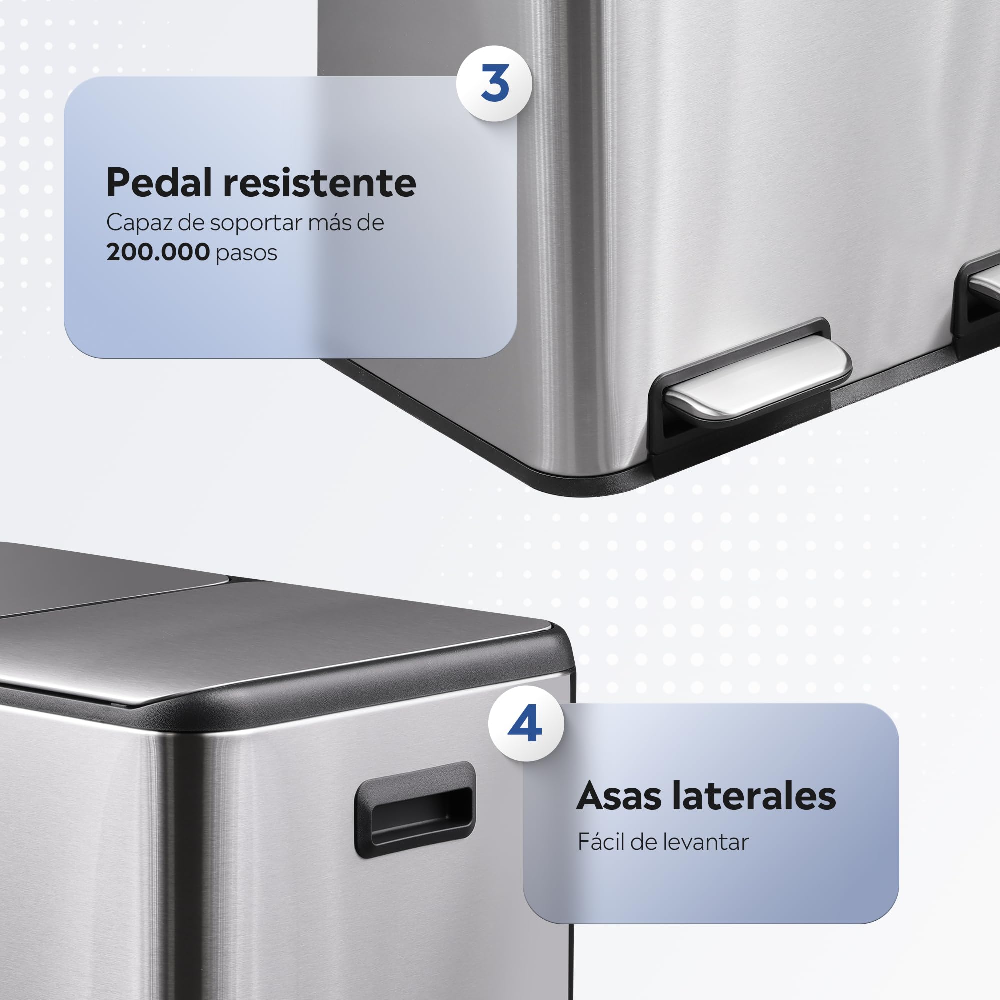 WLIVE Cubo de Basura 2 x 30L (60L en Total), Cubo de Basura para Cocina, Sistema de Reciclaje de Acero Inoxidable con 2 Compartimentos, Cubos Interiores de Plástico,Tapa Soft-Close,Plateado