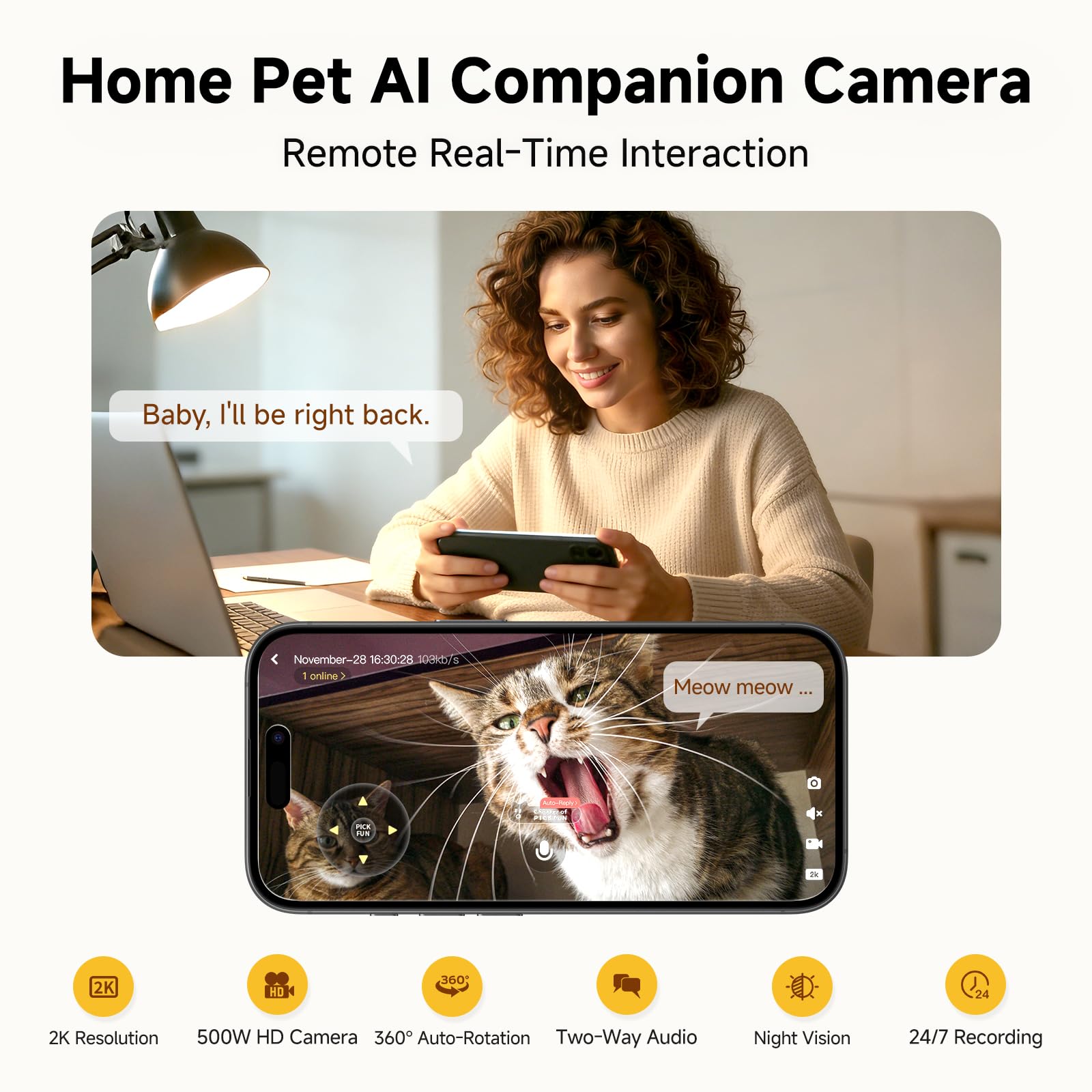 Cámara P0 AI para mascotas con seguimiento 2K, edición de grabación de video automática y alertas inteligentes, vista panorámica de 350° con visión nocturna, audio bidireccional, protección de
