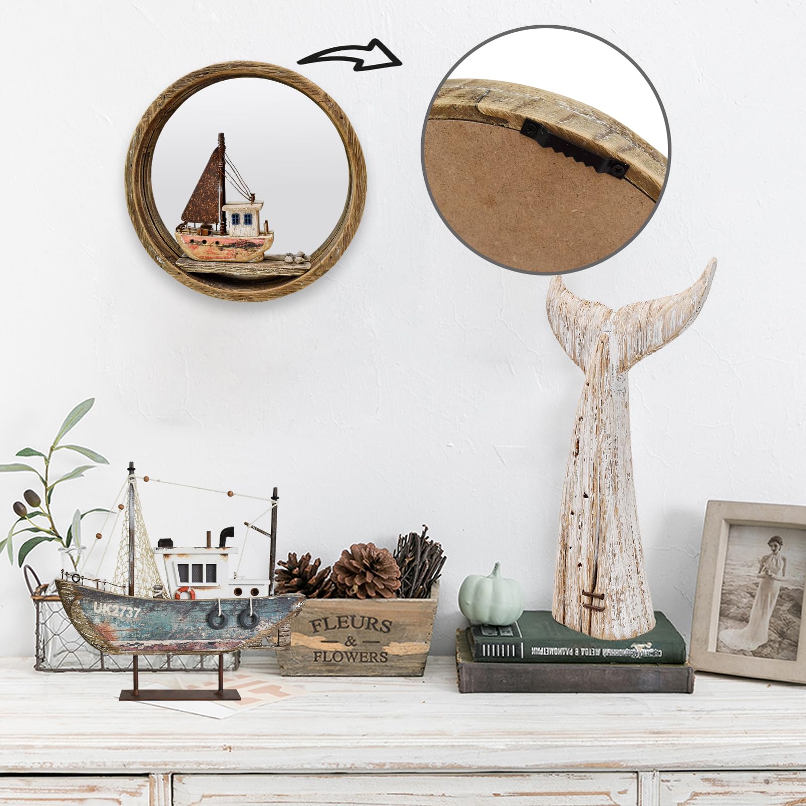 Amazon.co.jp: 航海 木製 壁装飾 吊り輪 ミラー ヨット サイン 木製